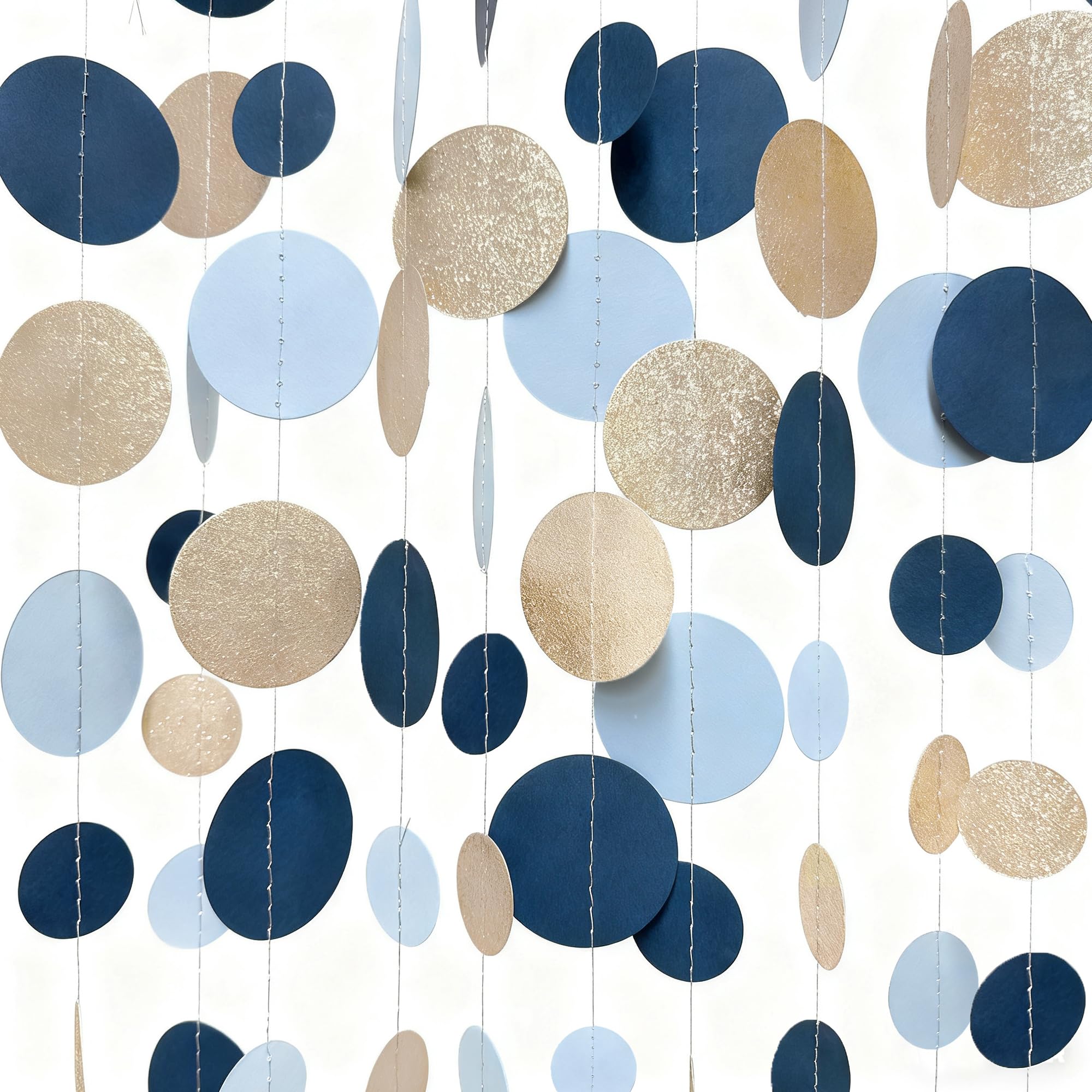 Navy Blue Champagne Gold Polka Dots Garland Hanging Paper Circle Dot Streamer for Birthday Wedding Shower Graduation Engagement Bridal Shower Bachelorette Retirement Party Decorations Supplies