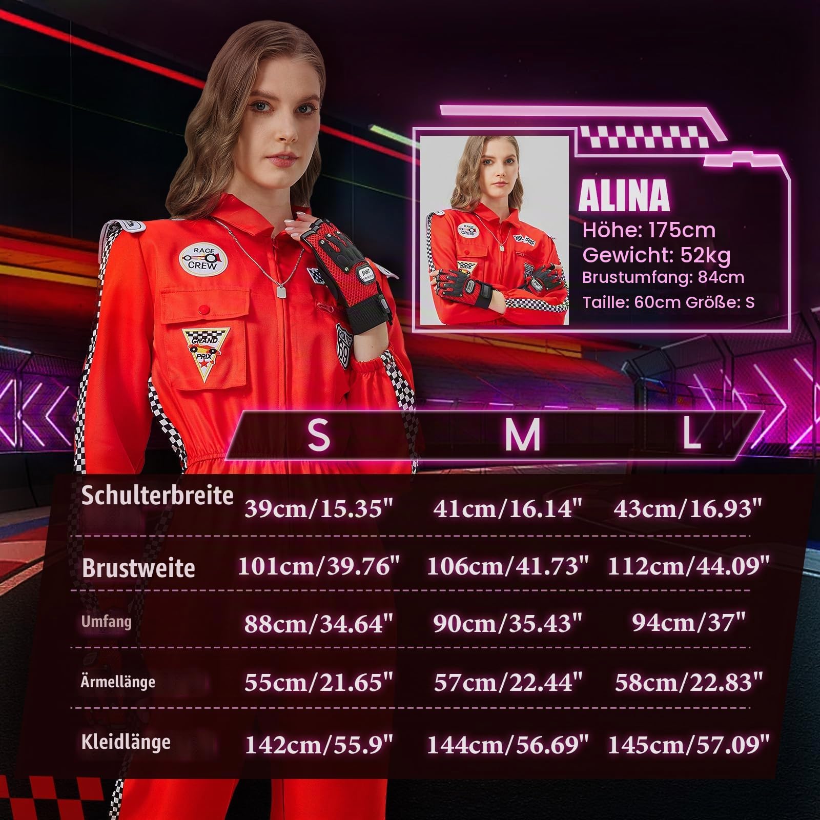 Charmofun Rennfahrer Kostüm Damen, Rennfahrer Anzug Overall Jumpsuit für Erwachsene, Racer Overall Rennwagenfahrer Kostüm mit Handschuhen, Sonnenbrille für Karneval