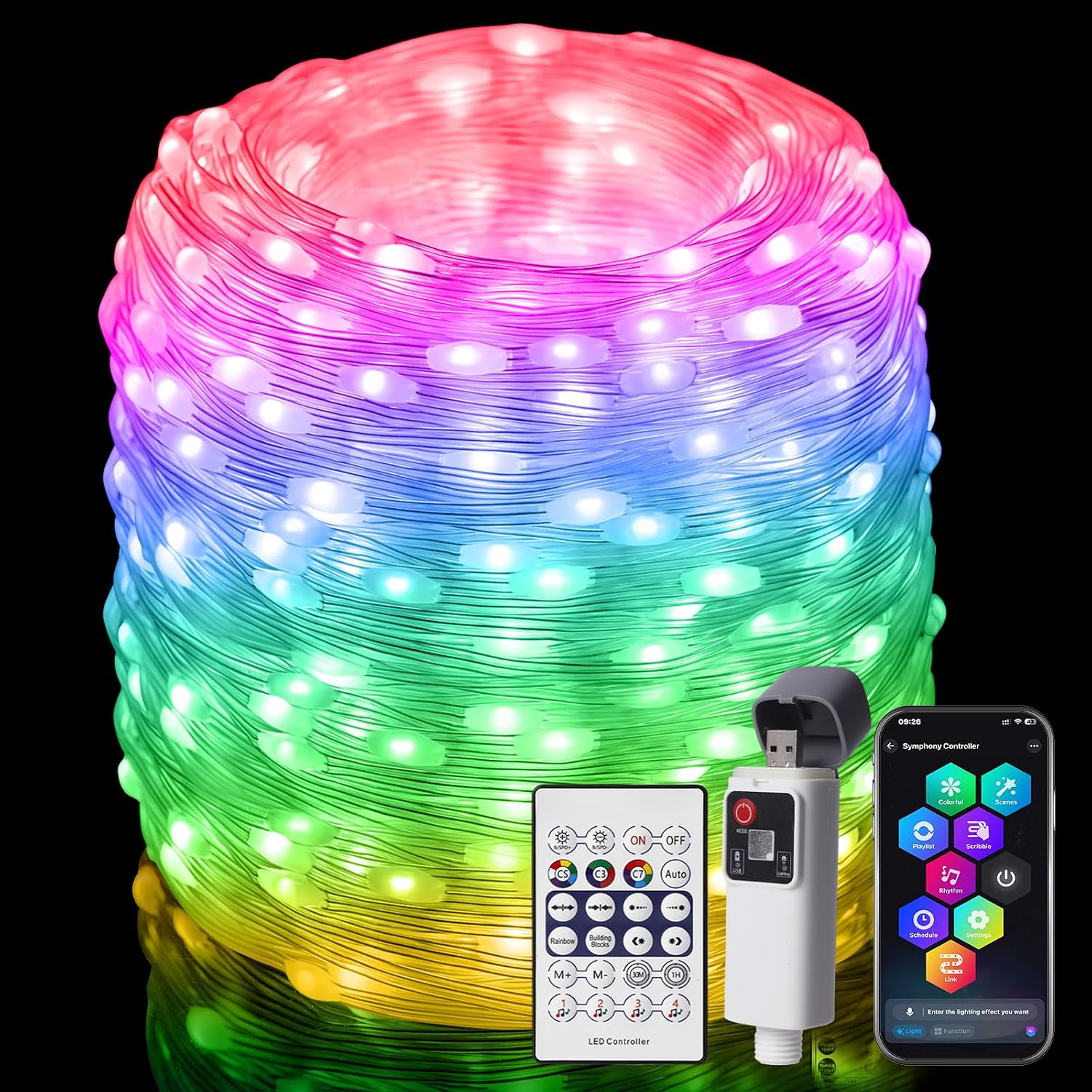 RGB Smart IC String Lights Indoor, 66FT 200 LEDs Rechargeable Lights | Controller Charging & Waterproof, APP & Remote Control, Music/Voice Sync, Fairy String Lights for Christmas, Party