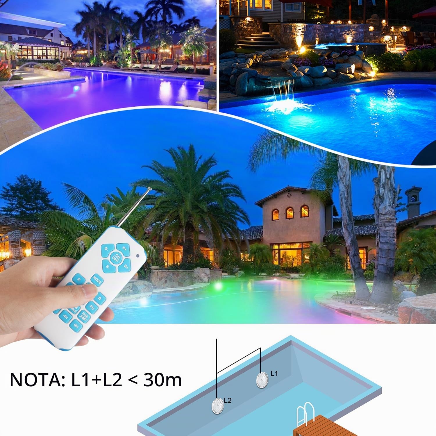 54W LED Illuminazione Piscina PAR56, 12V RGB Timing 2/4/6H Luce Impermeabile, Sincronizzazione Esterna con Telecomando, IP68 Impermeabile Lampada Piscina con Telecomando (2 pezzi)