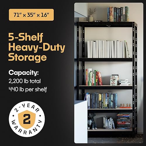 Miniatura 4 de Estantes de almacenamiento 5 estantes de almacenamiento resistentes con capacidad de carga total de 2,200 libras, 440 por estante de almacenamiento,