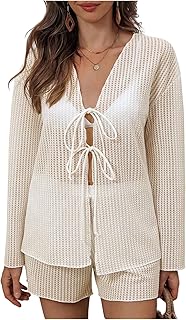 GORGLITTER Women's 2 Piece Crochet Cover Up Sets V Neck Bow Tie Long Sleeve Top Shorts Swimwear