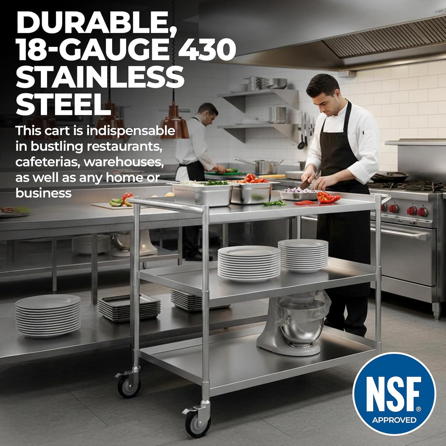 3 Shelf Stainless Steel Tubular Utility Cart | Metal Utility Cart on Wheels with Handle | NSF Certified | (15" Wide X 24" Long X 33" High)