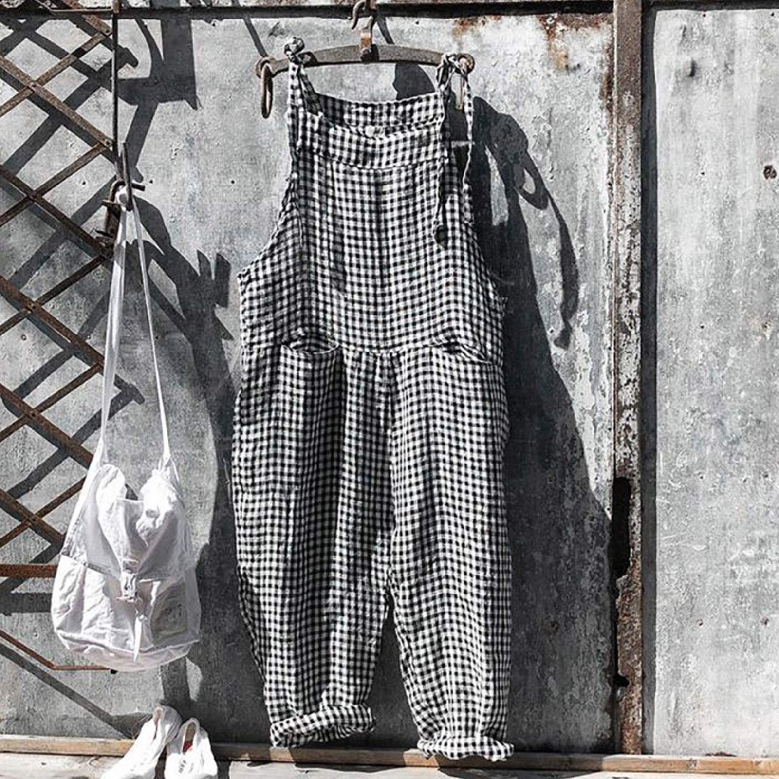 Salopette pour femme en coton et lin, grande taille, vintage, bretelles réglables, sans manches, décontractée, baggy sarouel, jambes larges, barboteuses, grenouillères rayées, amples et respirantes