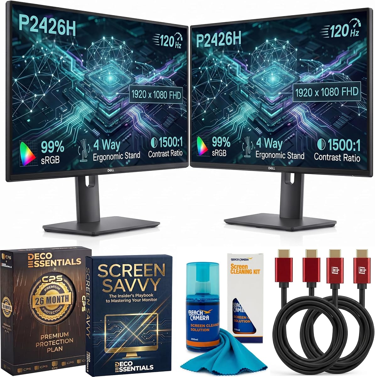 Dell Pack of 2 P2426H 24 inch Full HD 1920 x 1080 IPS 120Hz Dual Monitors | USB-C Charging Hub, HDMI DisplayPort 1500:1 Contrast Bundle with Deco Essentials Extended Protection Kit, Cables& Accessories