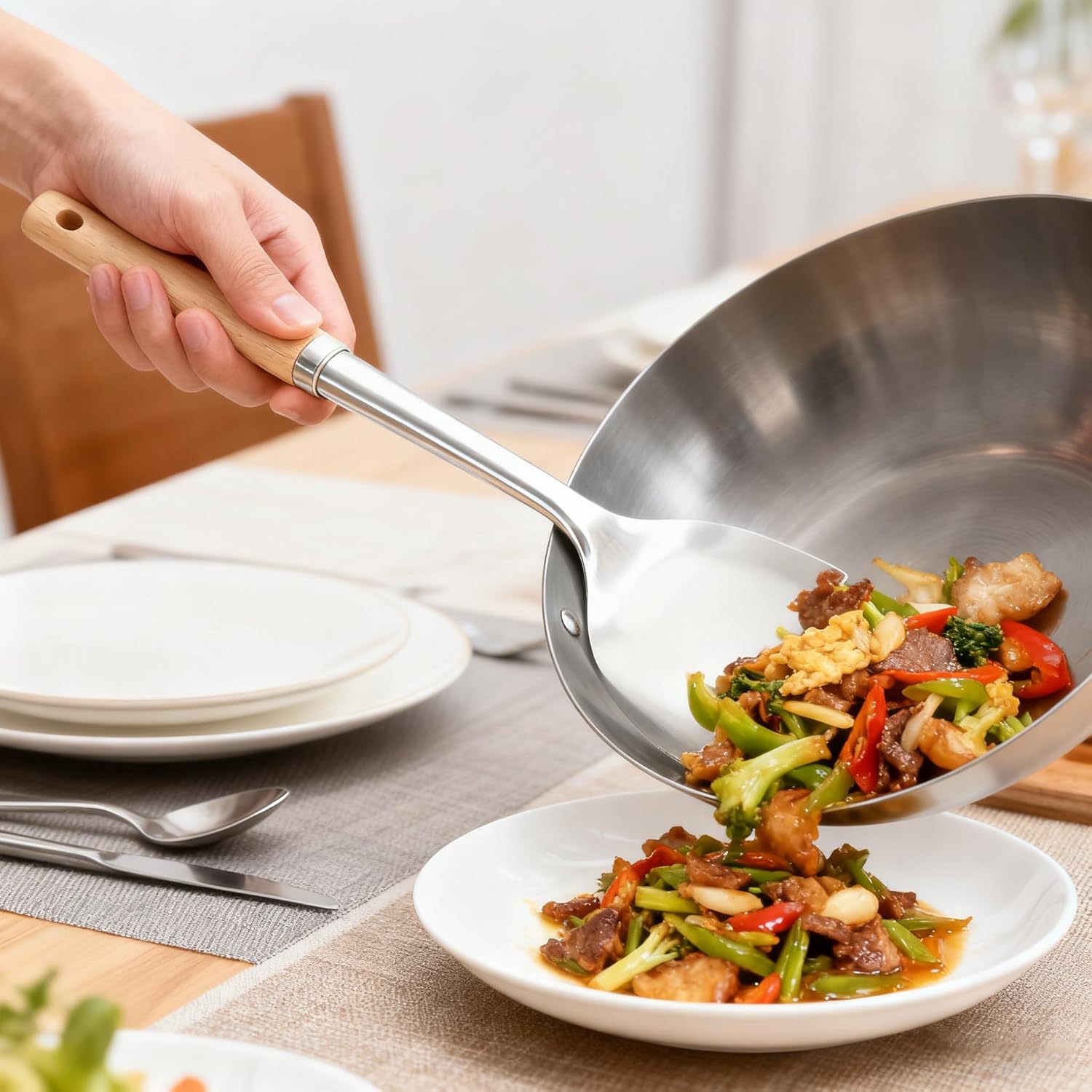 Spatula and Ladle - Set of 2 Wok Tools, Stainless Steel Wok Spatula & Soup Ladle Set with Beech Wood Grain Handle, Polished Heat-Resistant Cooking Utensils Set for Scooping, Flipping - Image 3