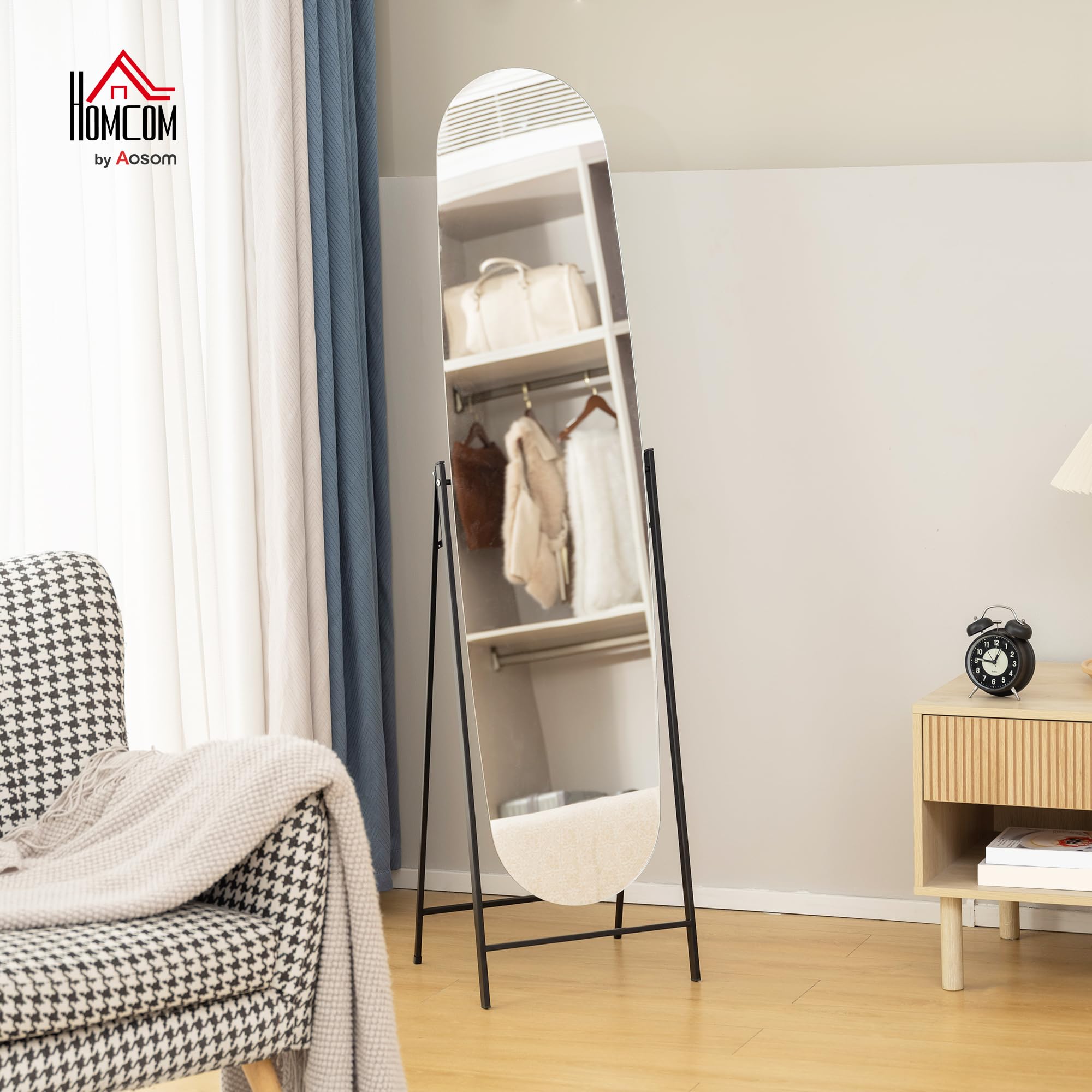 HOMCOM Espejo de Cuerpo Entero Arqueado 160x40 cm Espejo de Pie Negro | Apoyado en la Pared, sin Marco, Soporte de Metal, para Salón, Dormitorio, Vestidor y Entrada