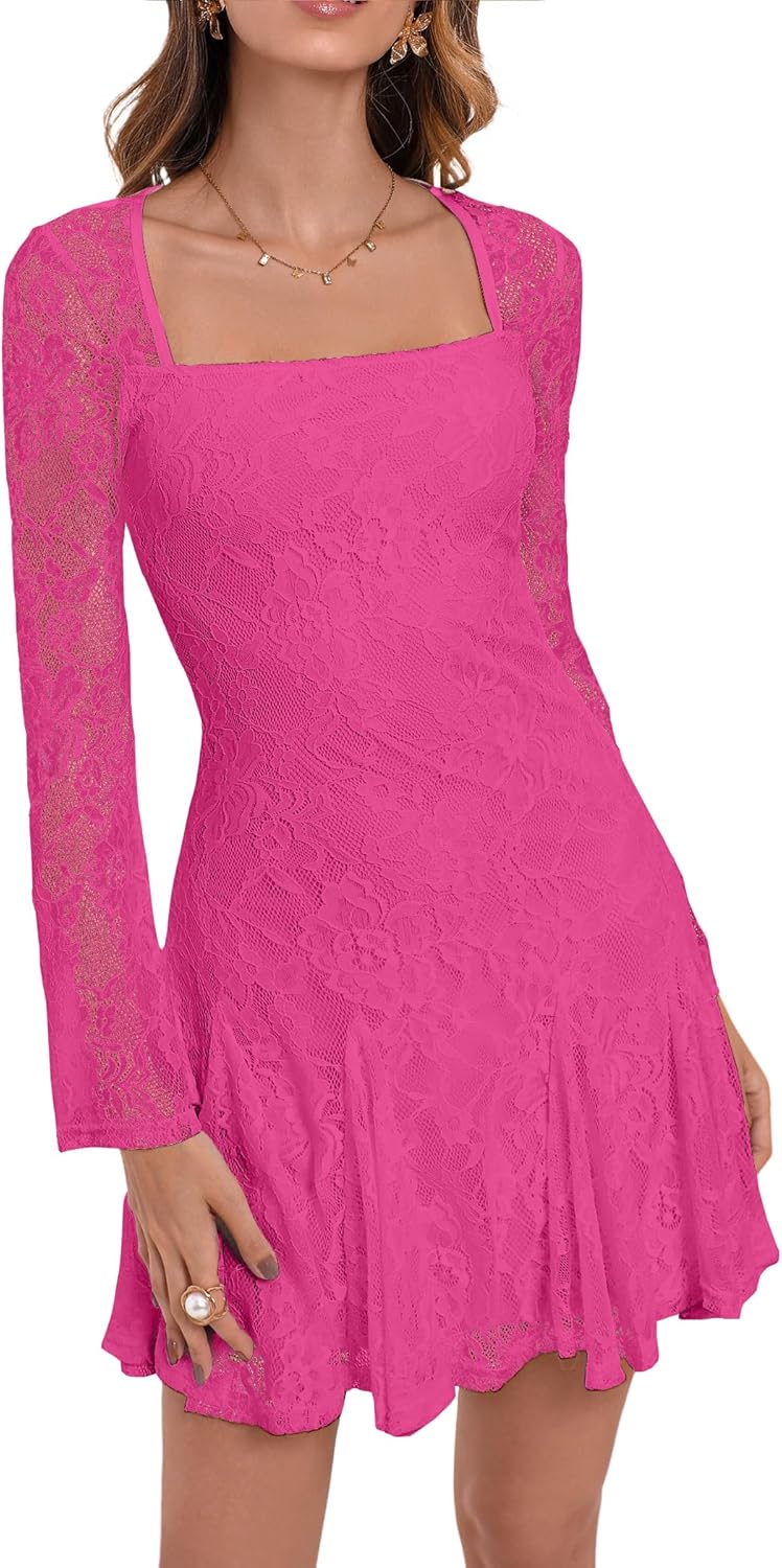 HYPERFIRE Women's Square Neck Floral Lace Mini Dress Flowy Short Dress Mesh Night Out Dresses Club Outfit - Image 6
