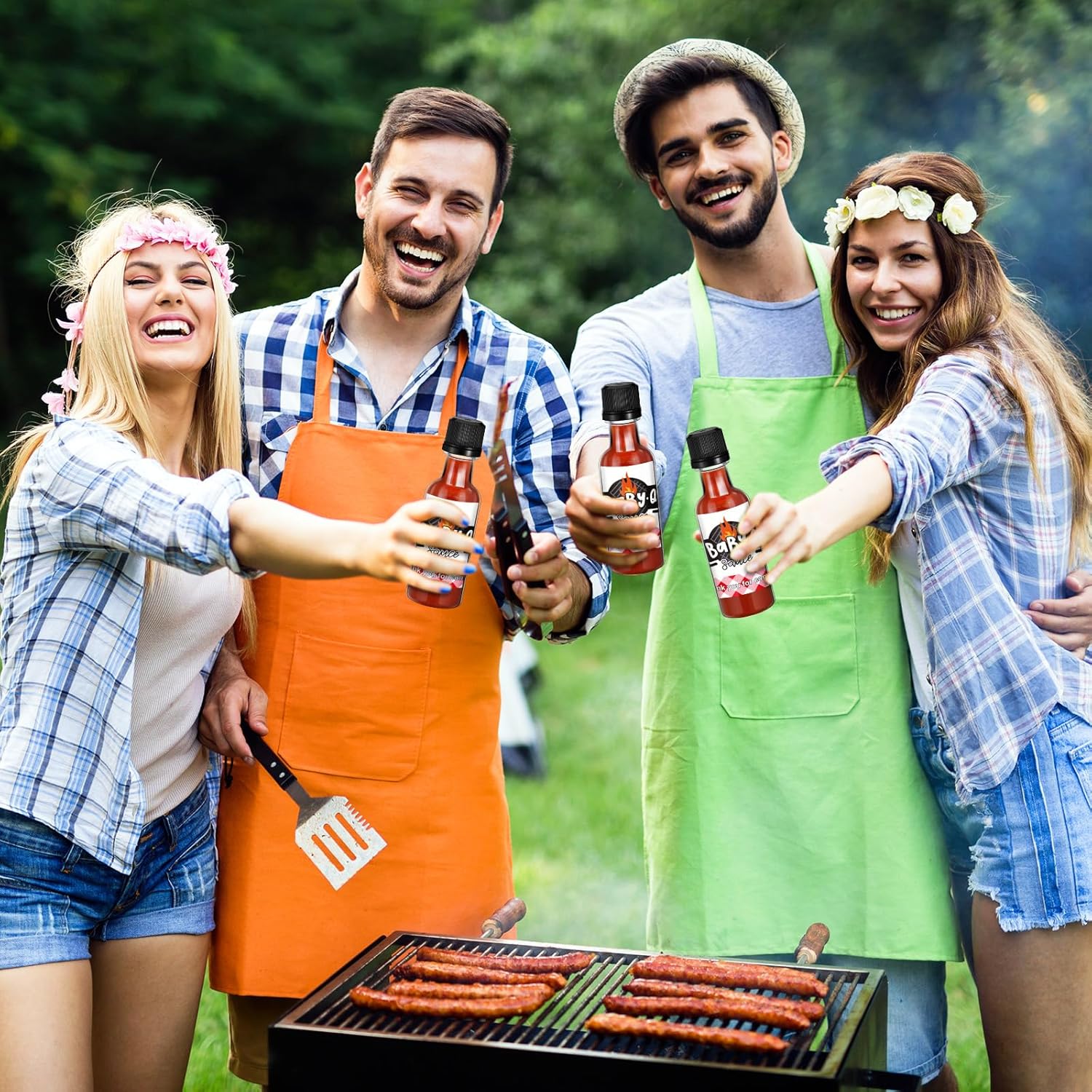 Maxdot 36 Set BBQ Baby Shower Decorations Clear Plastic 1.7 oz Hot Sauce Woozy Bottle Empty Favor with Leak Proof Screw Cap Stainless Steel Funnel Baby Q Sticker Labels for BBQ Picnic Birthday Party