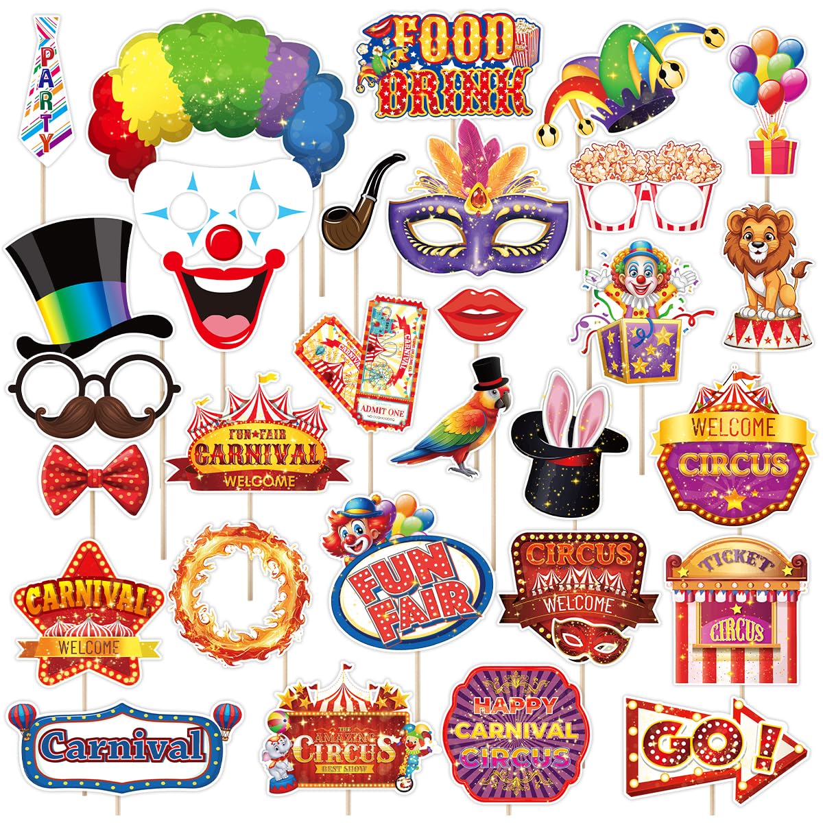 Accesorios para fotomatón de carnaval, 30 piezas de decoraciones de carnaval, decoraciones de fiesta temática de circo, accesorios divertidos para selfies para fiestas temáticas de circo