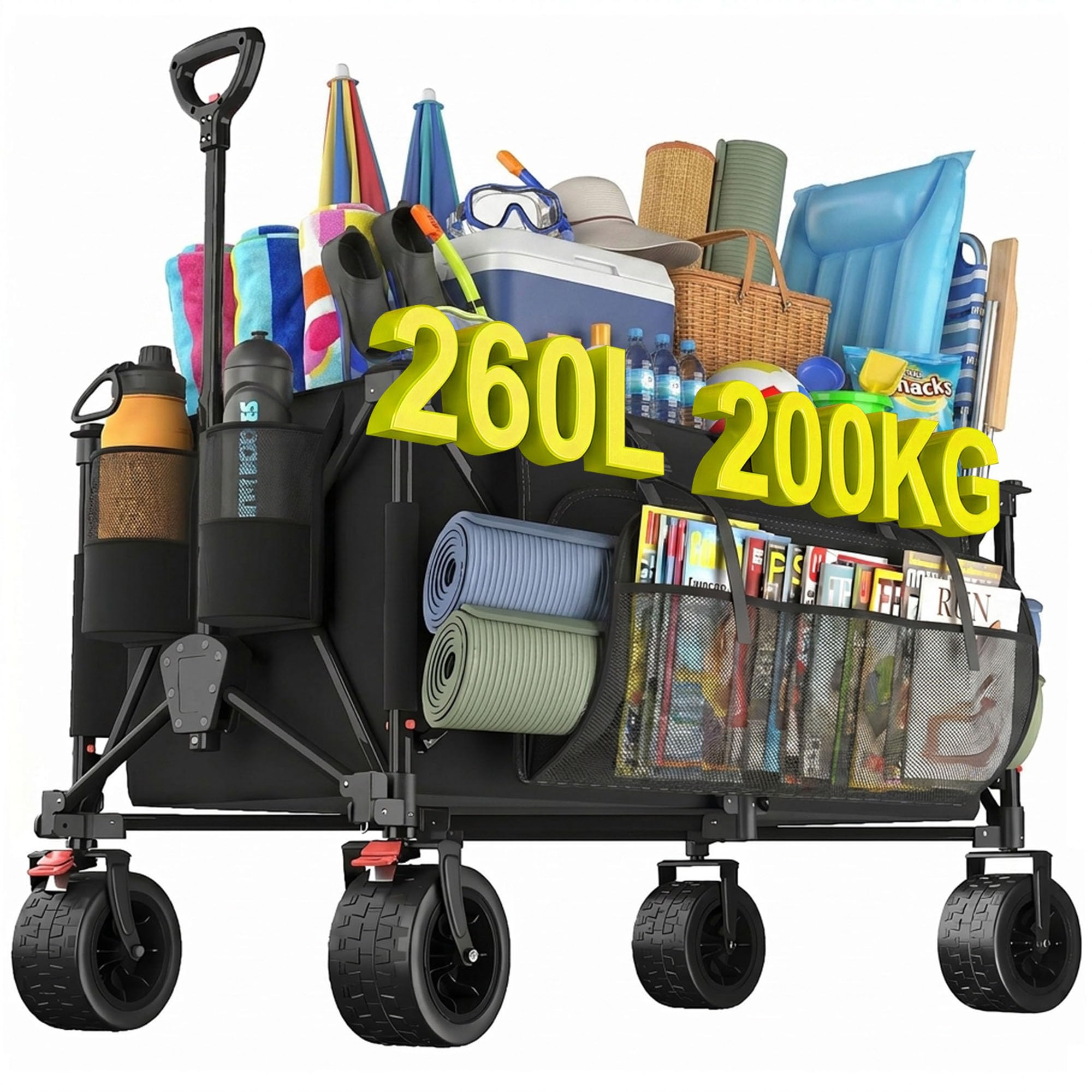 Devoko Carro Playa Plegable con Ruedas | 260L con Freno | Carrito Playa Plegable hasta 200 kg | Asa Ajustable | 3 Entrepiso | Carrito Multiusos Ideal Playas, Compra, Jardín o Camping(Negro)