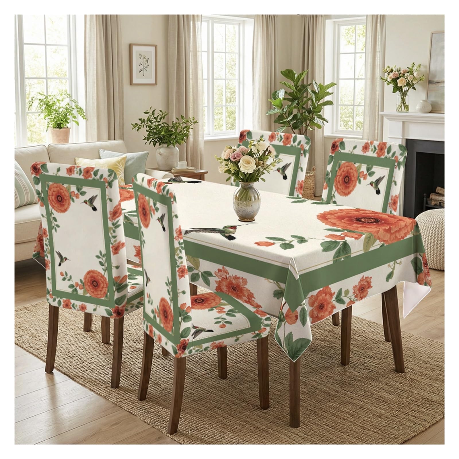 BOSUYBN Stretch Dining Chair Slipcover & Tablecloth Set, Orange Flower Hummingbird Print, 5/7 Pack, Fresh Spring Garden Farmhouse Decor Table Setting(5pcs Set: Tablecloth+Chair Covers)