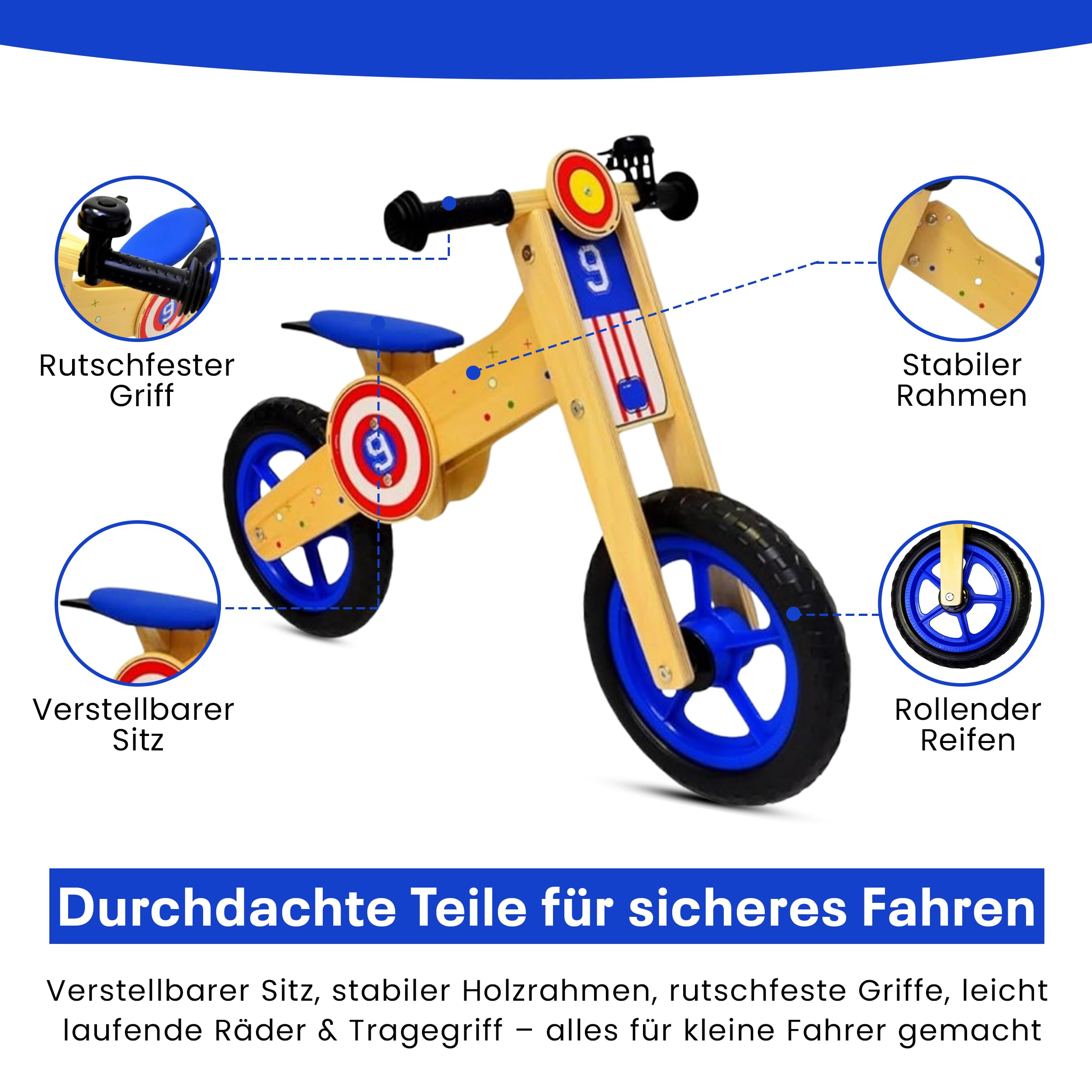 Draisienne en Bois 12" pour bébé avec Sonnette Incluse, siège réglable et sans pédales | Draisienne Enfant 2 Ans | Développe l’équilibre et la Confiance