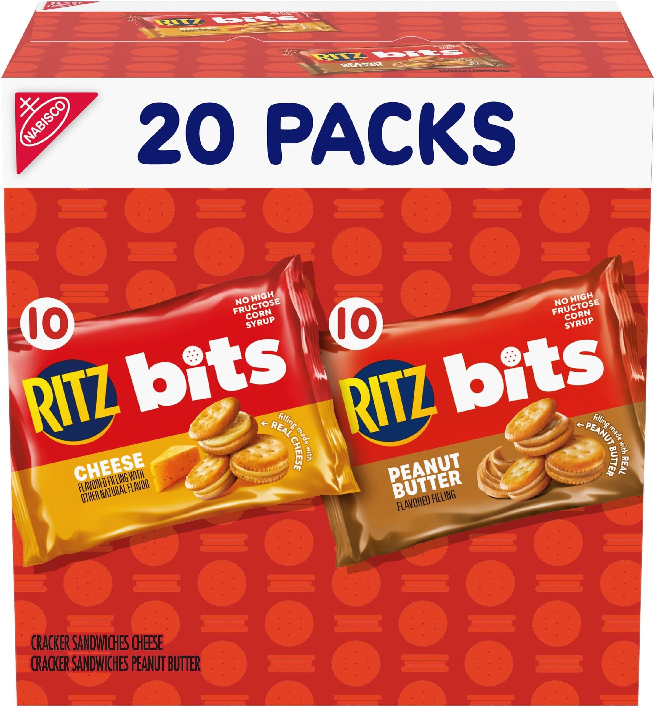Bits Cheese and RITZ Bits Peanut Butter Sandwich Crackers Variety Pack, Lunch Snacks, 20 Snack Packs