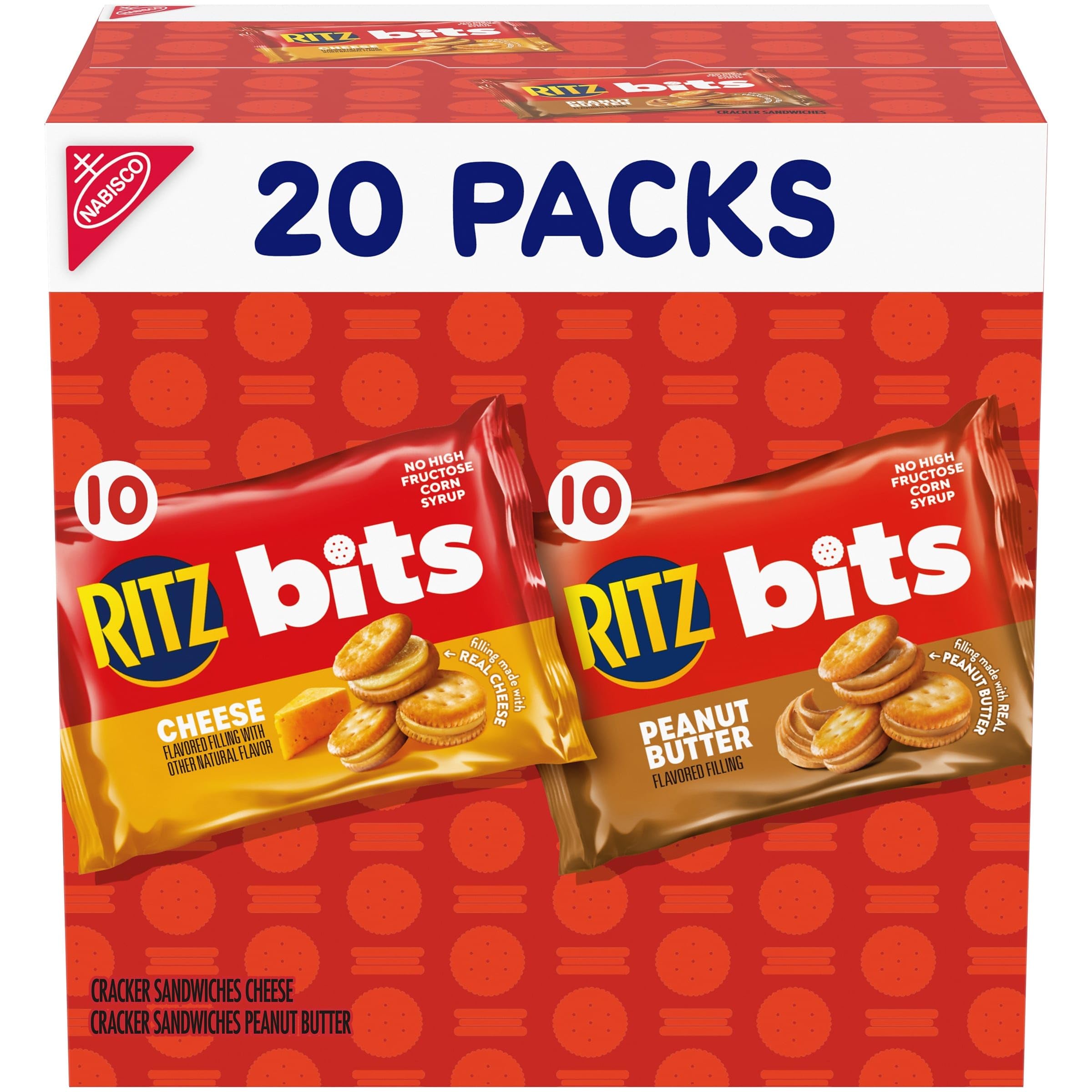 Bits Cheese and RITZ Bits Peanut Butter Sandwich Crackers Variety Pack, Lunch Snacks, 20 Snack Packs
