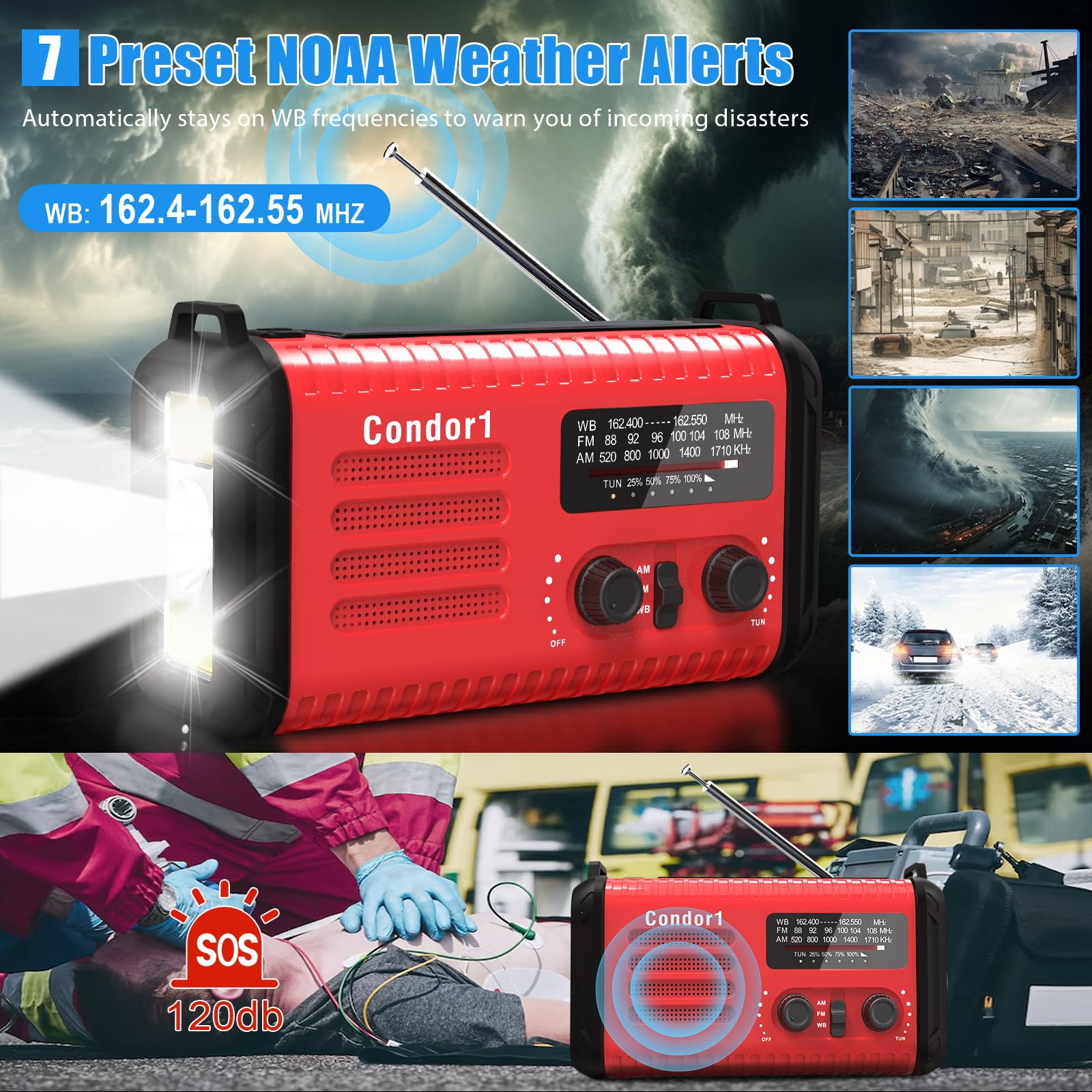 Radio di emergenza da 20.000 mAh, con manovella a energia solare, radio AM FM NOAA, batteria ricaricabile, allarme SOS, torcia elettrica, lampada da lettura per casa e emergenza all'aperto (rosso)