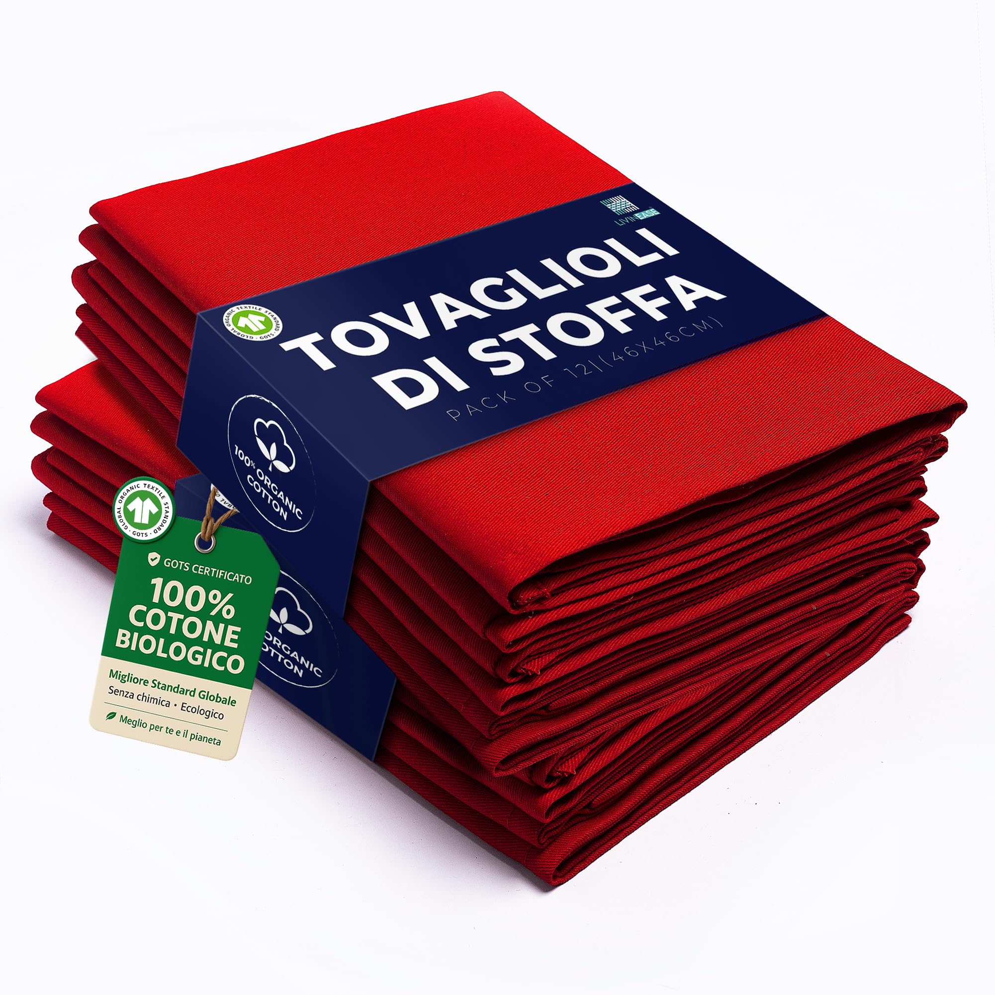 LivinEase 12-Piece Red Organic Cotton Dinner Napkins - 46 x 46 cm - Heavy Weight Hotel Quality