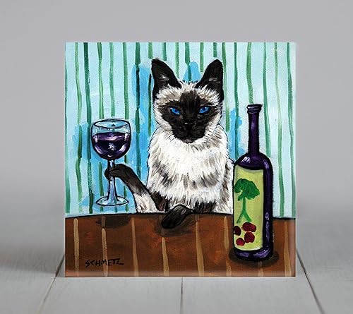 siamese cat at the Wine Bar Dog art tile coaster gift