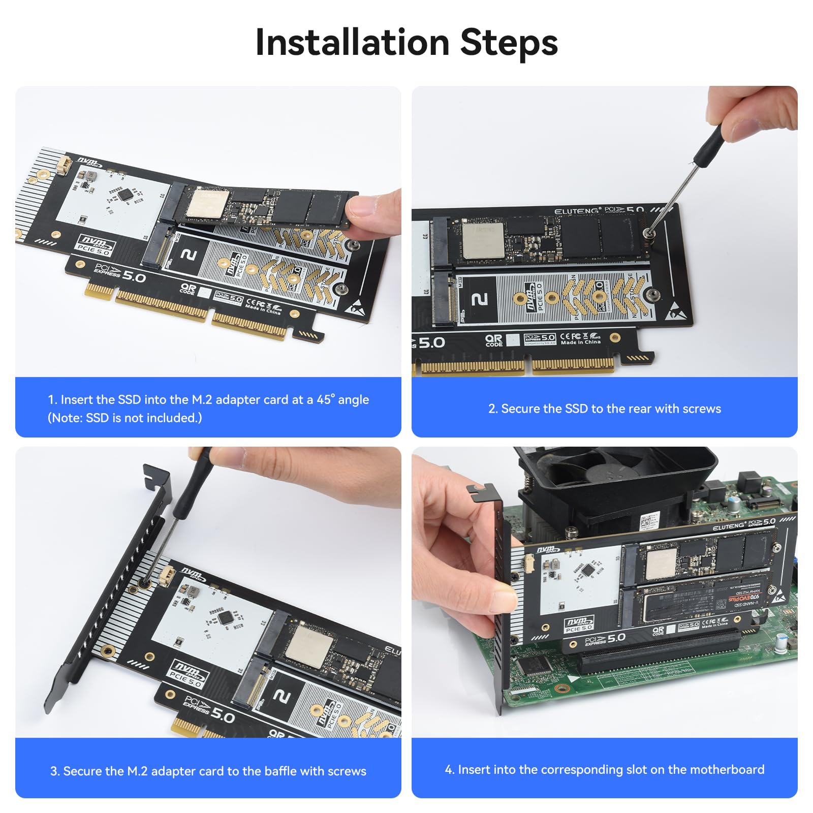 ELUTENG Dualny adapter M.2 NVMe na PCIe 5.0, karta rozszerzająca 2 x 128 Gbit/s NVMe PCI-Express SSD, obsługująca gniazda PCIE X8 X16 dla kluczy M/B&M 2230 2242 2260 2280 SSD