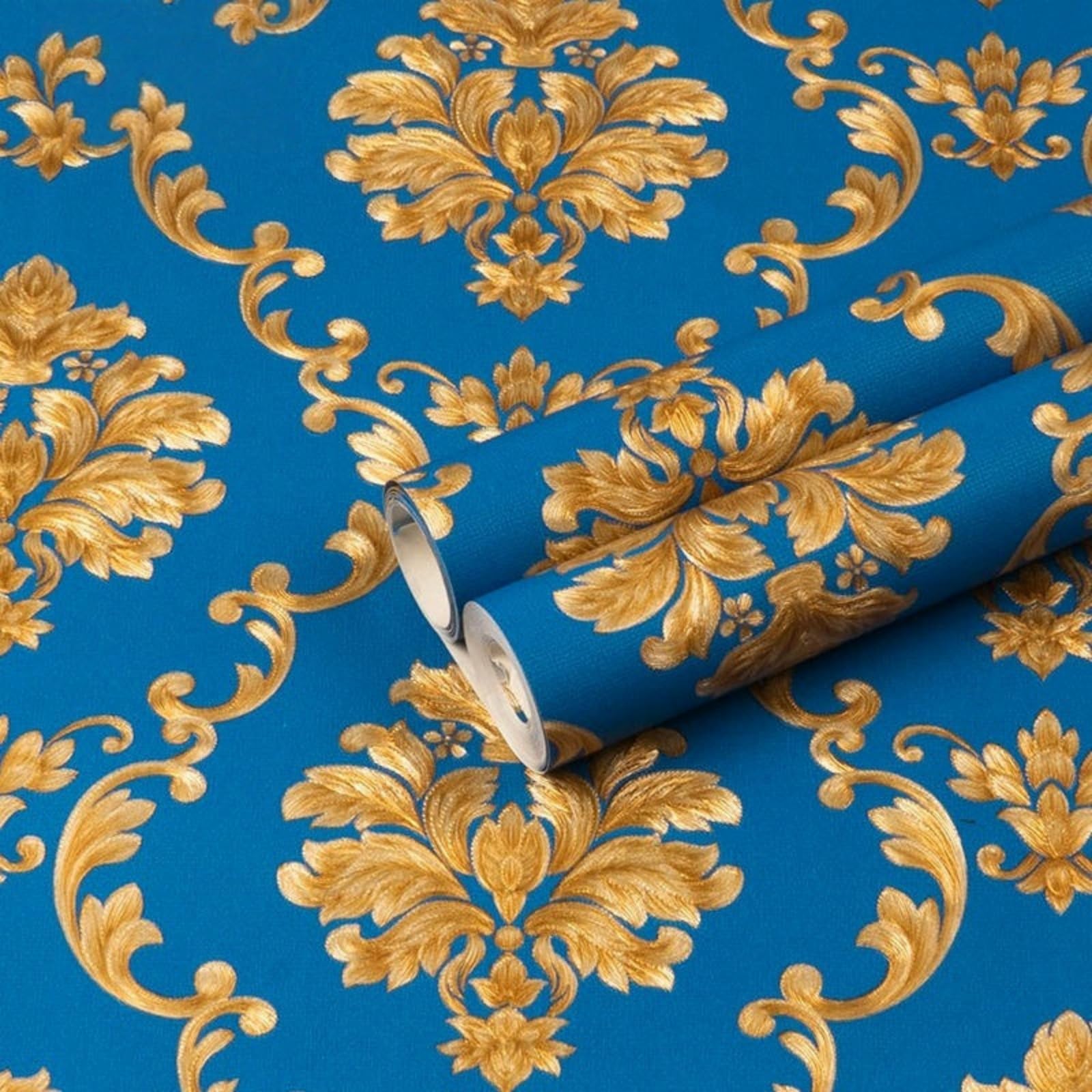 Papier peint non tissé floral or bleu pvc épais pour mur maison