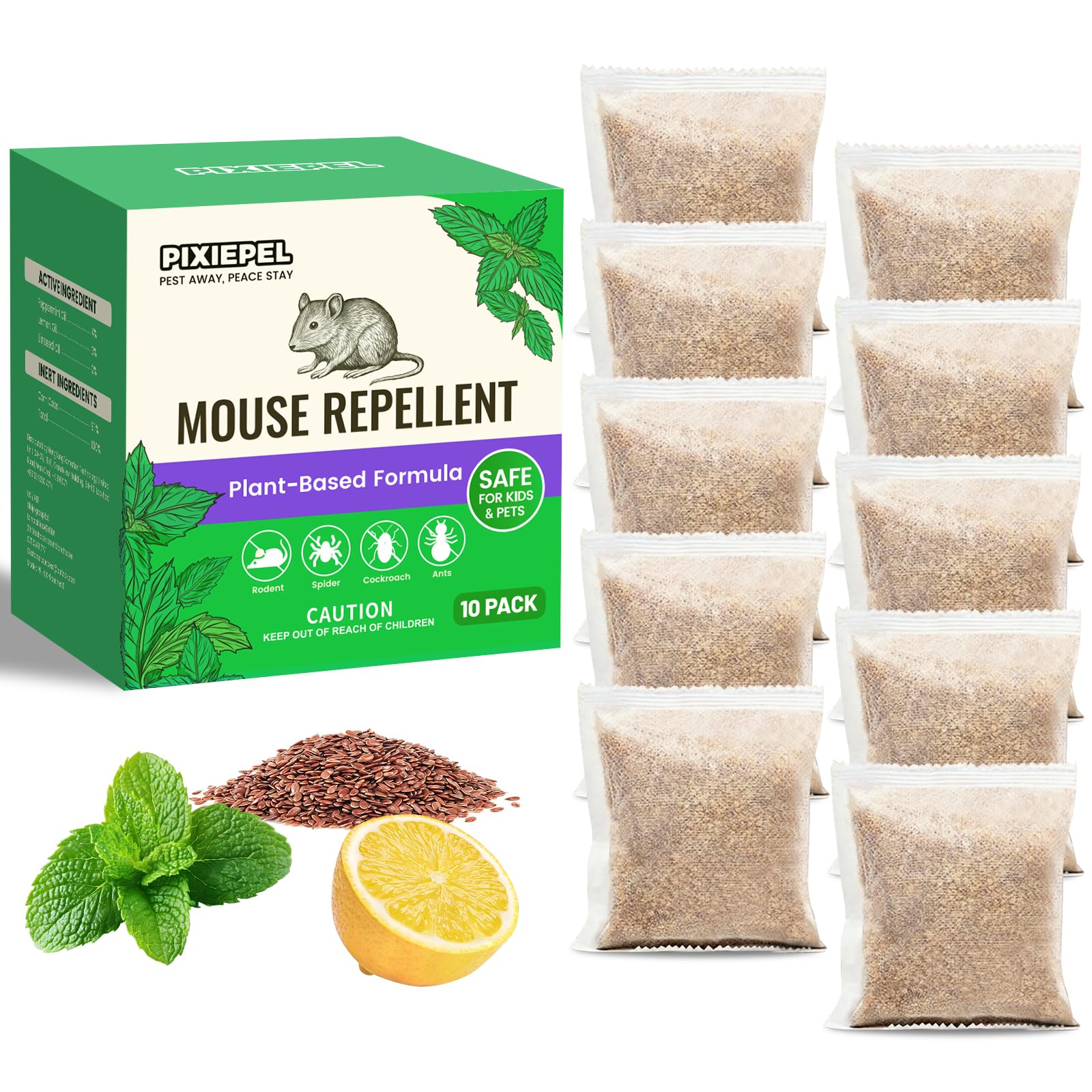 PIXIEPEL Mouse Repellent Pouches, 10 Pack Natural Peppermint Oil Mice Repellen for Rats, Roaches, Spiders – Rodent Repellent for Indoor & Outdoor Safe Use –Home, Car, Garage, Shed, RV, Boats-25g/Pack