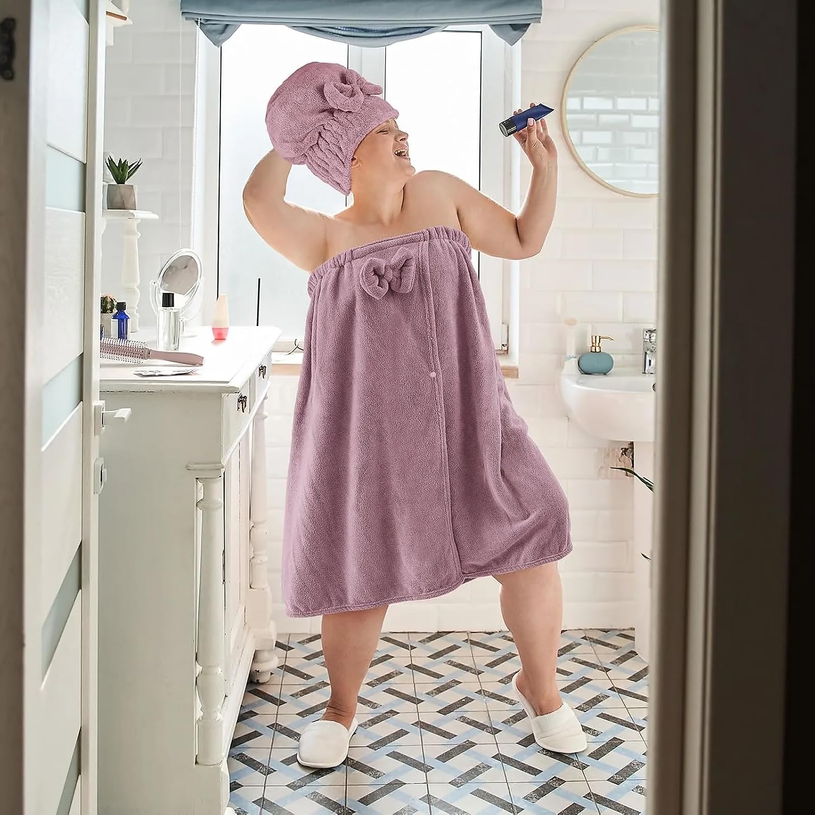 Ręcznik w dużych rozmiarach z ręcznikiem do włosów, regulowany wanna prysznic spa owijka, miękki zestaw szlafroków z polaru koralowego