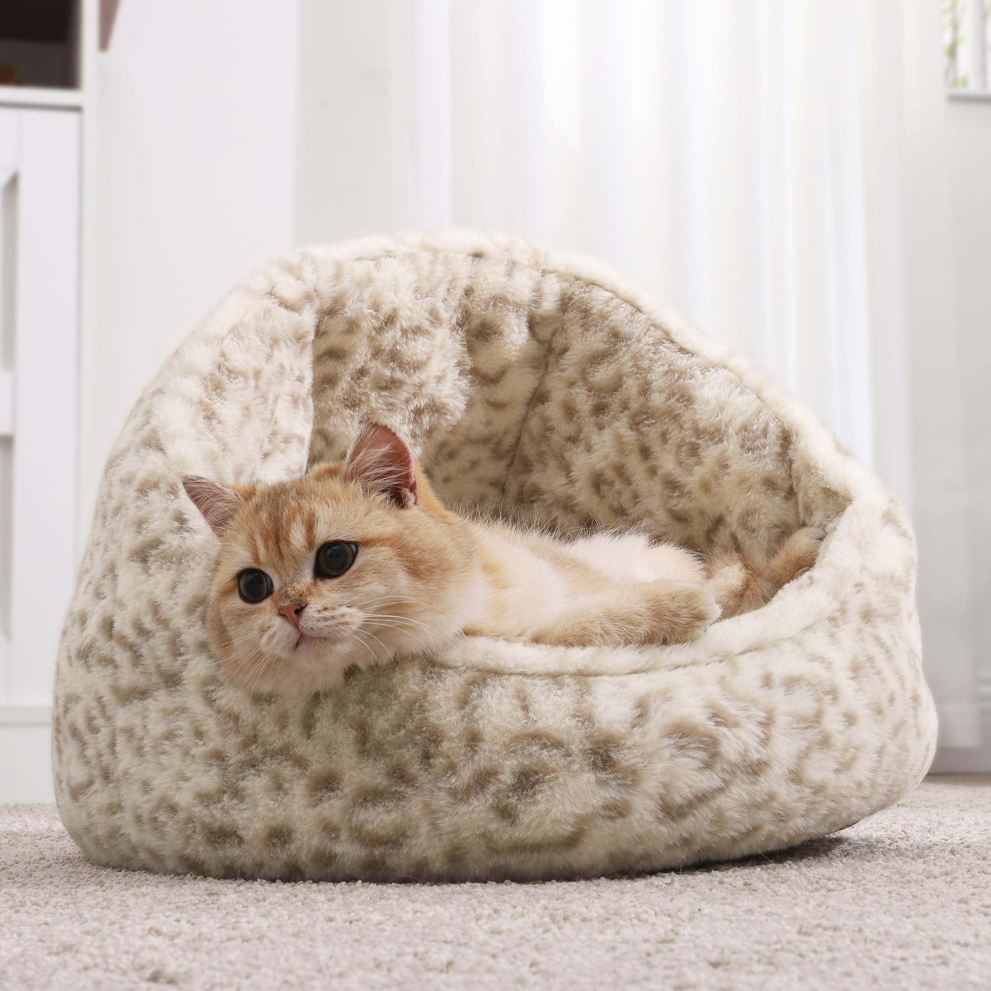 YITAHOME Cama Perro Gato, Cama Redonda para Mascotas Gatito o Perrito, con Cojín Desenfundable y Extraíble, Cómoda Acogedora y Cálida, Camas para Perros Pequeños 43x41x35cm (Blanco Marrón)