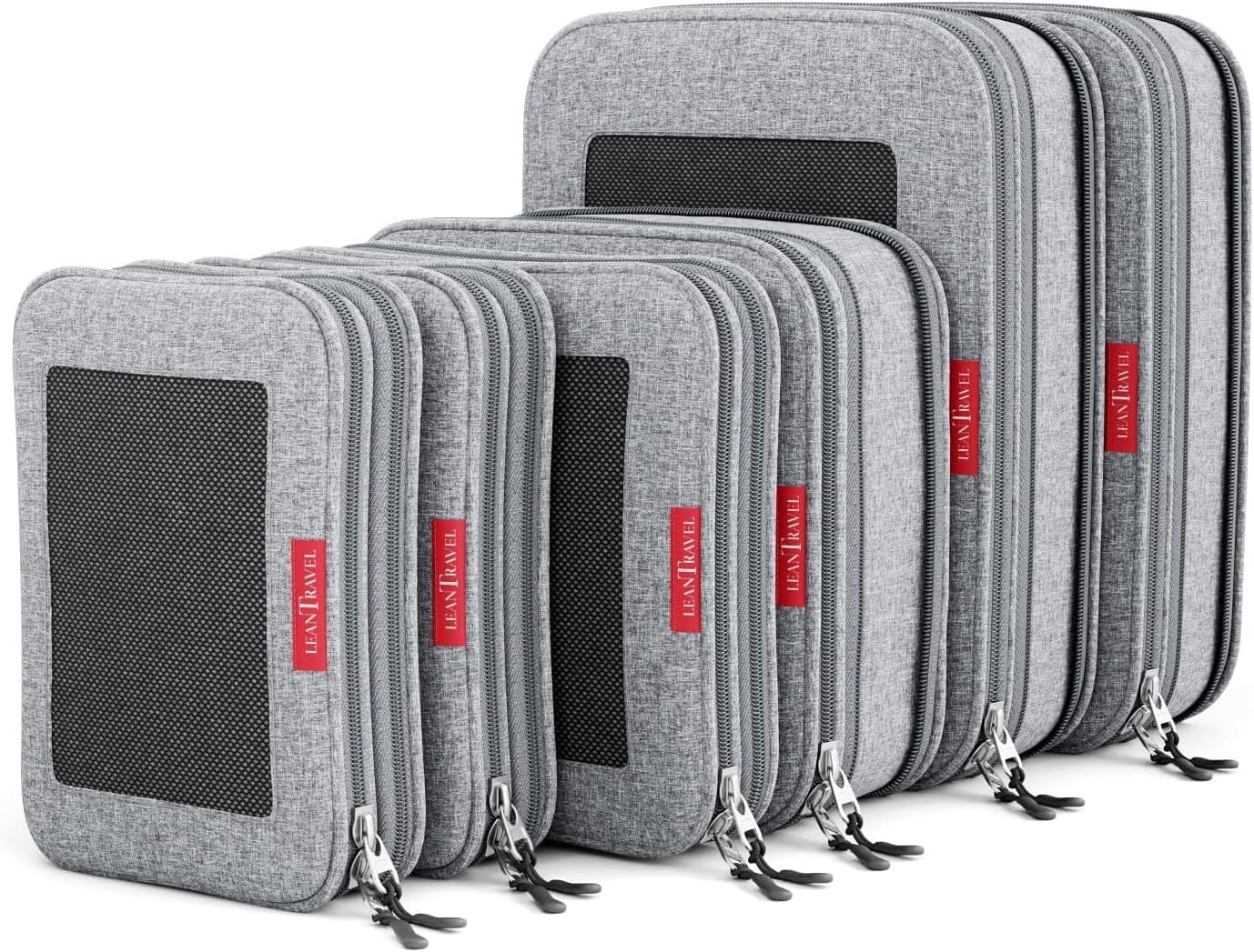LeanTravelCompression Packing Cubes Luggage Organizers for Travel with Double Zipper - Set of 6 - Color Grey