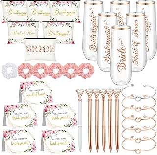 HyDren 35 Pcs Bridesmaid Proposal Gifts Maid of Honor Gift Include Champagne Flutes Makeup Bags Invited Cards Hair Scrunchies Bracelets Diamond Pens for Wedding Bachelorette(Cute Style,Pink) - Buy now