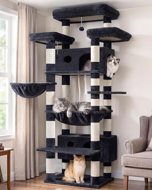Gitelsnour Cat Tree for Indoor Cats Large Adult, 74" Cat Tower for with 3 Big Platforms, 2 Baskets, 2 Condos, Multi-Level Cat Scratching Posts, Smoky Gray GCT030G