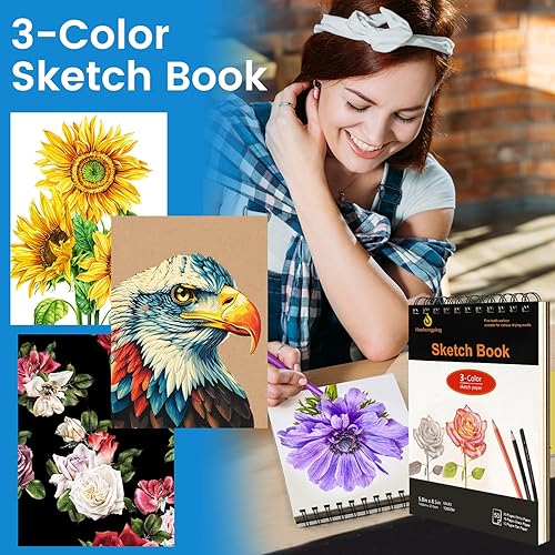 Miniatura 4 de Kit de 100 suministros de arte para dibujo, juego de suministros de dibujo profesional con cuaderno de bocetos de 3 colores, libro para colorear,