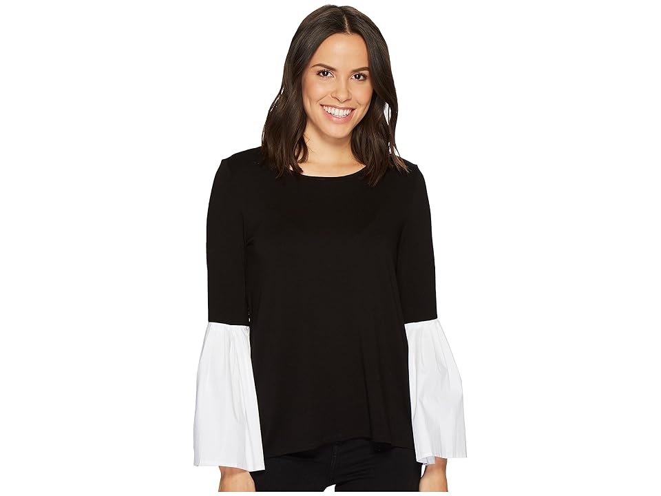 

Vince Camuto Pleated Bell Sleeve Mix Media Top (Rich Black) Women's Clothing