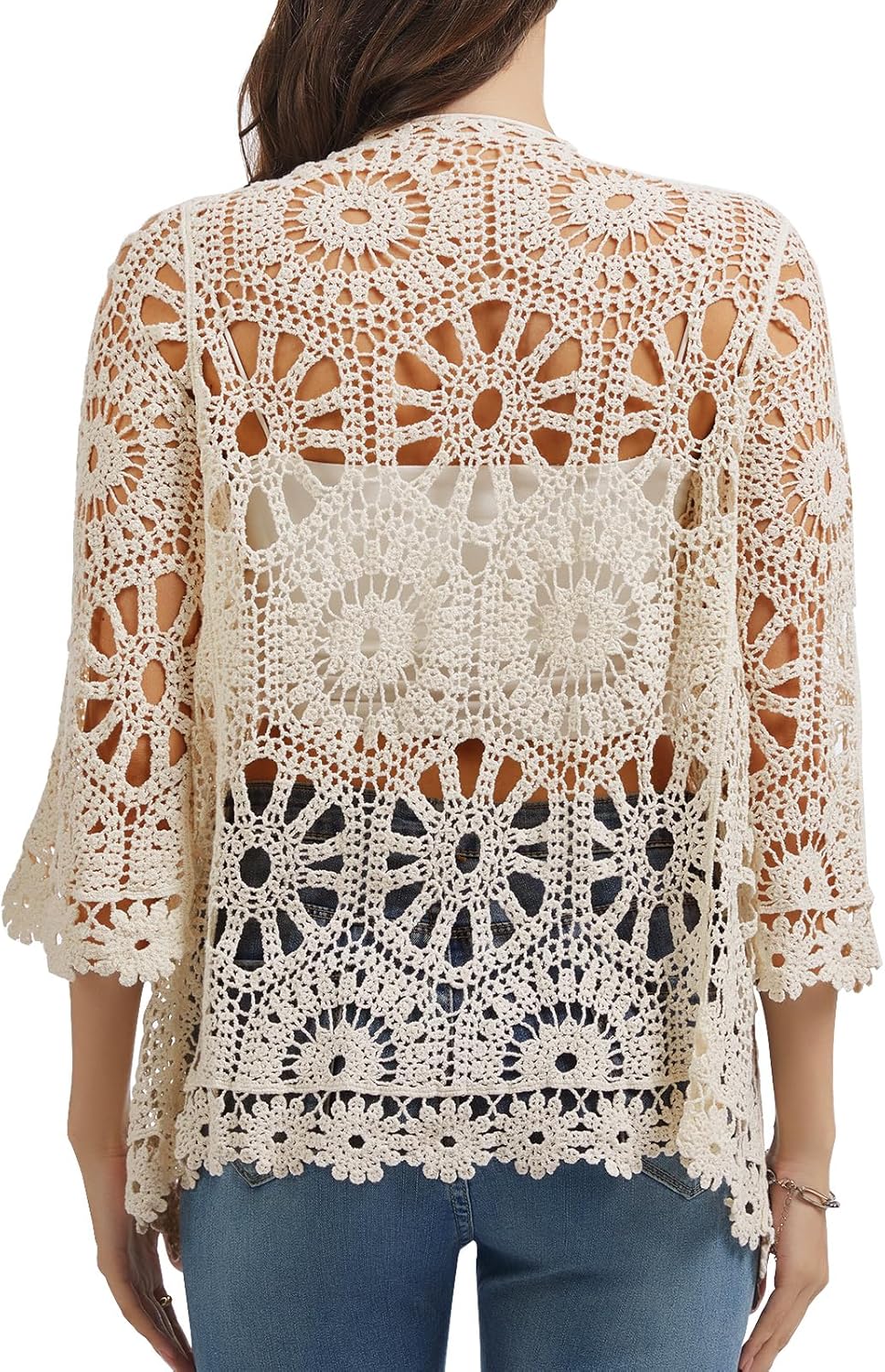 Women Floral Crochet Cardigan Lightweight Tie Front Hollow Out Long Sleeves Cover Lace Sweaters Shrug - Image 6