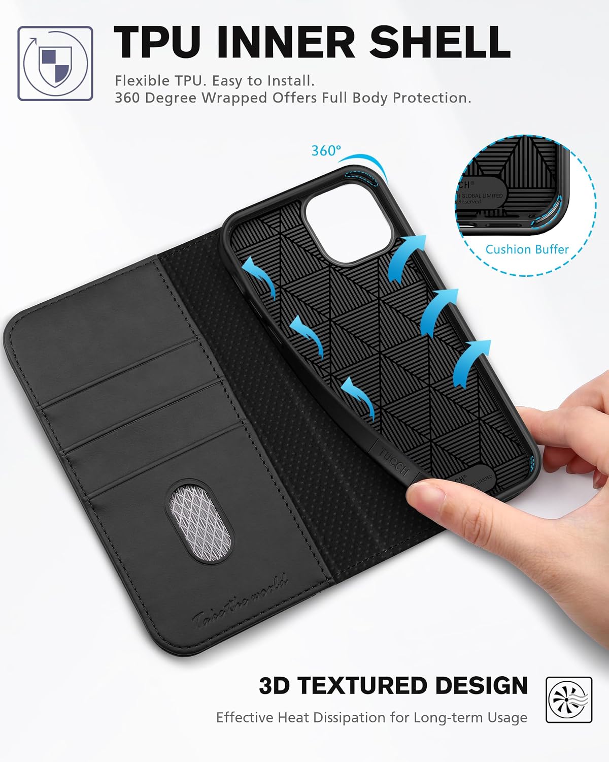 TUCCH Wallet Case for iPhone 14 6.1 5G, PU Leather Folio Case with [RFID Blocking] [3 Card Slot], Kickstand Book Design [Shockproof TPU Interior Case] Compatible with iPhone 14 6.1-inch,Grey & Black