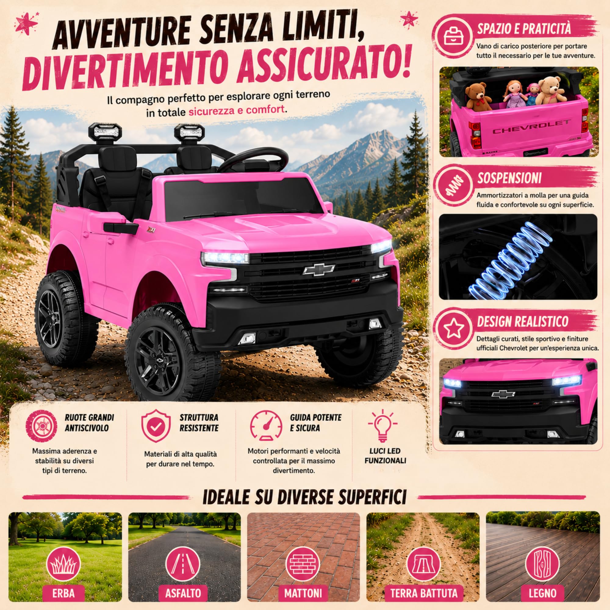 Chevrolet Silverado ZR2 24V Maxi Fuoristrada 2 Posti Auto Macchina Elettrica per Bambini Telecomando Luci a Led Bluetooth Ammortizzatori Carico Massimo 60 Kg (Rosa)