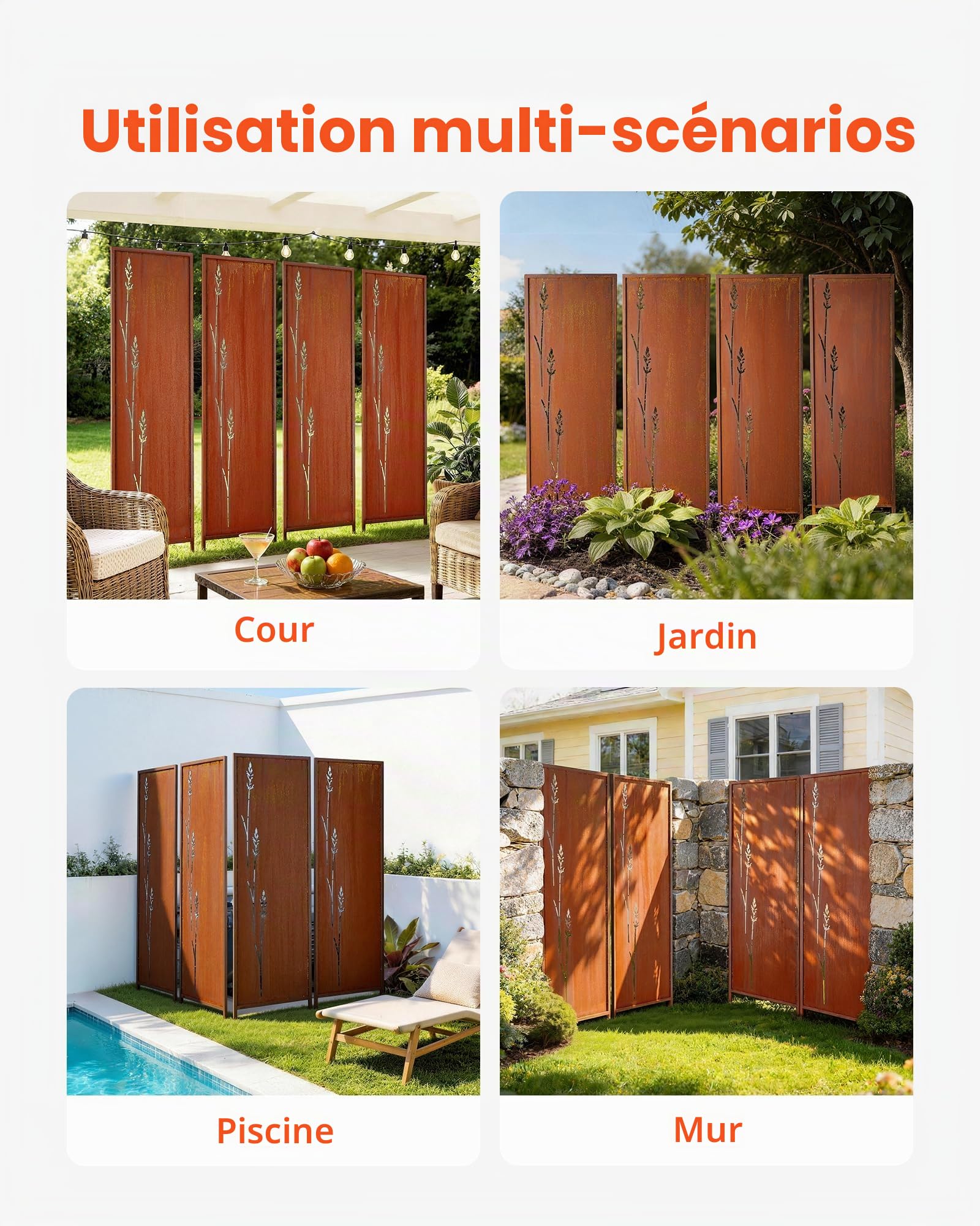 VEVOR Panneau Brise Vue Extérieur Métal 50x160 cm Paravent Extérieur Décoratif Autoportant, Écran d'Intimité, Séparation de Jardin, Acier au Carbone, Piquets de Sol, Motifs Naturels Ajourés, Lot de 4