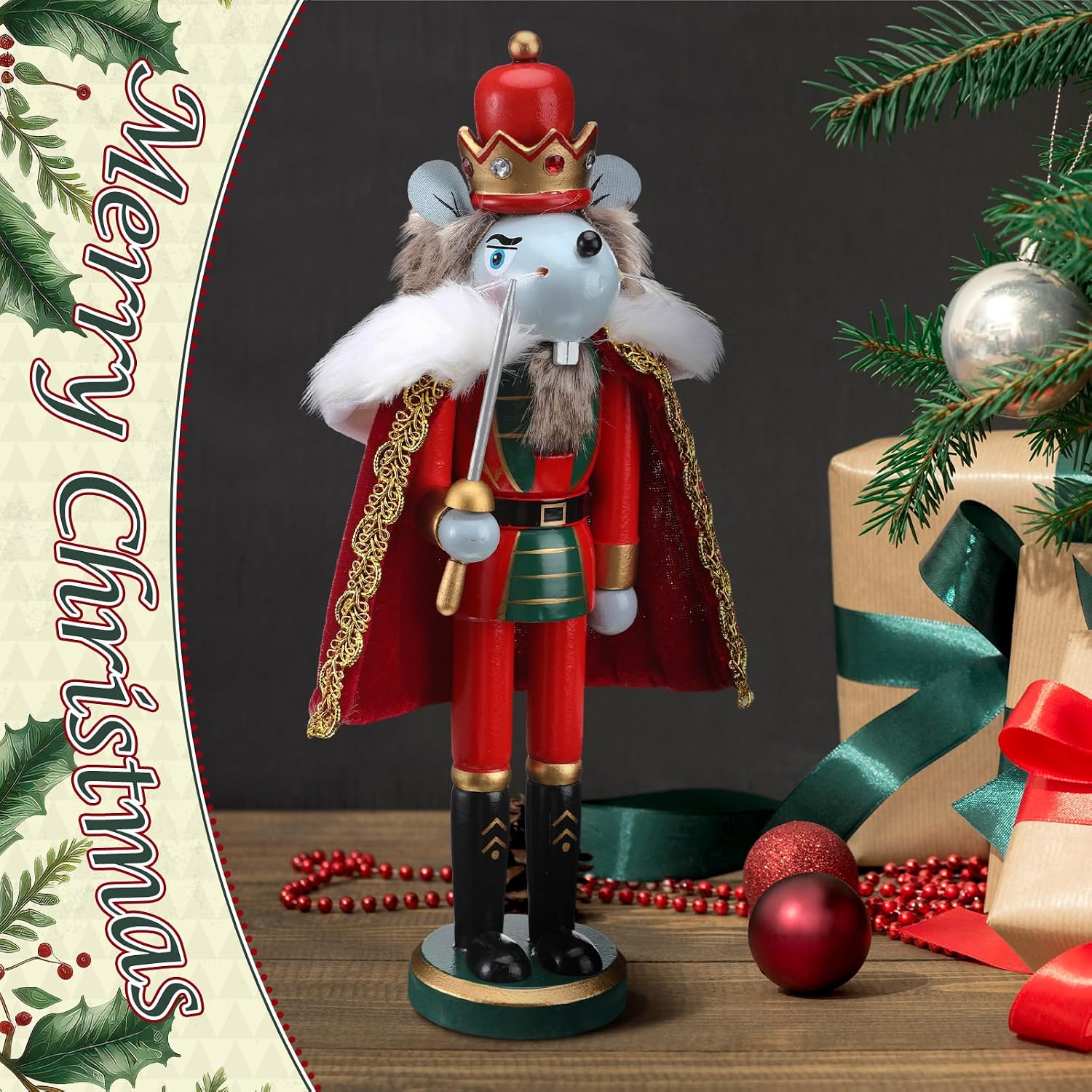 Yousoontic 12 Inch Mouse King Nutcracker Wood Christmas Decor Traditional Wooden Nutcracker Christmas Decorative Festive Holiday Tabletop Decor Xmas Gift for Shelves Tables
