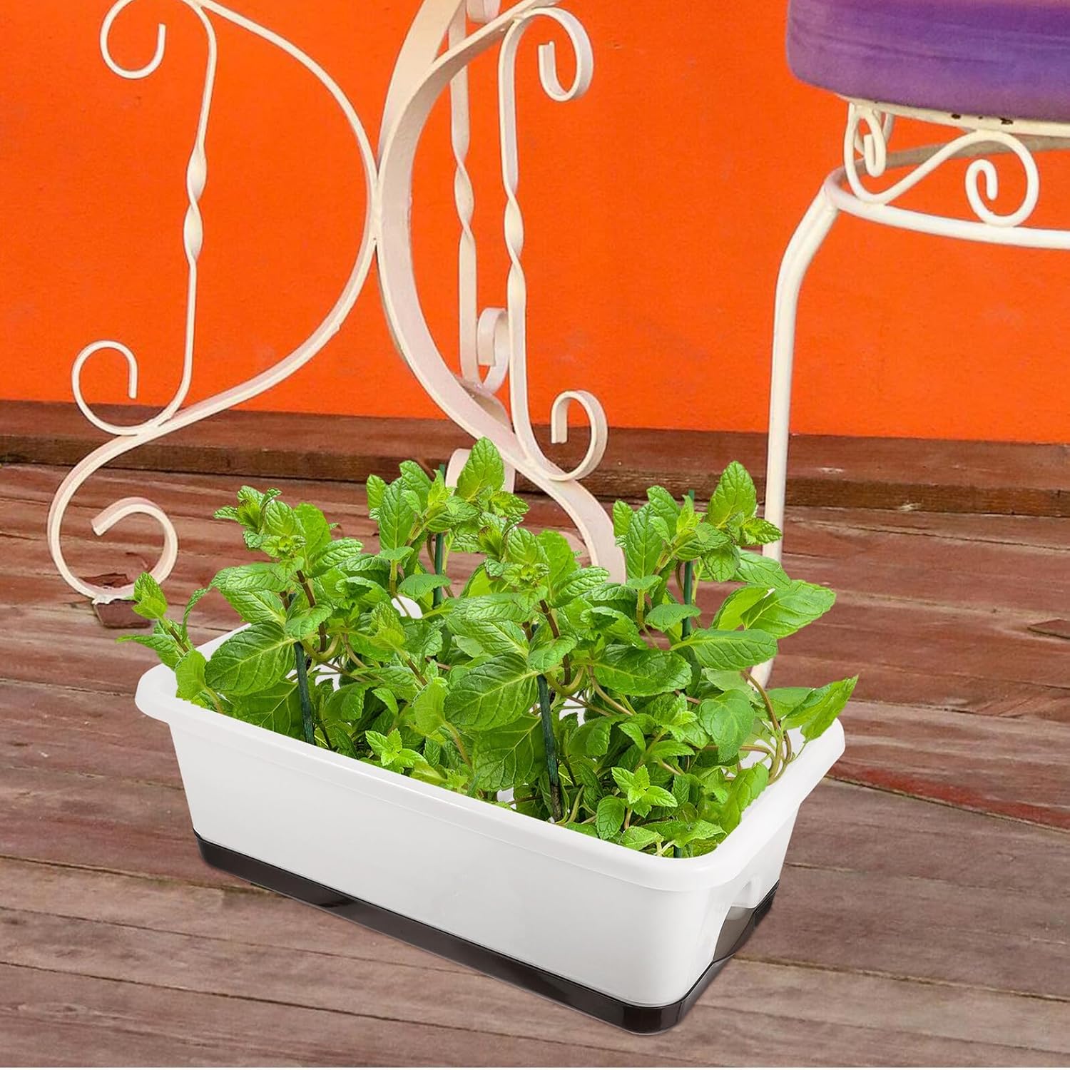 2pcs Rectangular Window Flower Boxes for Vegetables and Succulents, White Plastic Windowsill Planter Trough with Drainage Tray, Outdoor Balcony Garden Planting Container