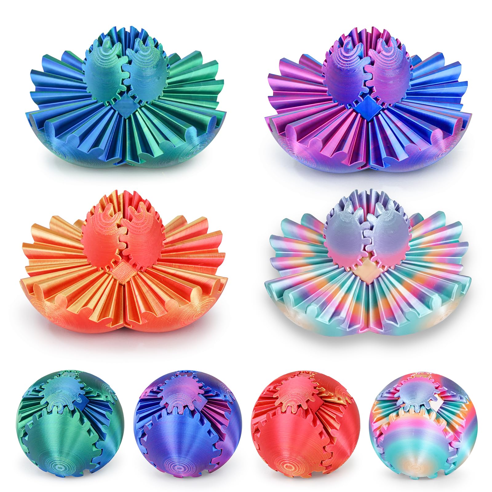4Pcs Gear Ball 3D Printed Cube Fidget Toy,Gear Sphere Fidget Toys,Sensory Toys for Stress and Anxiety Relief, Desk Toy Fidget Spinners,Stocking Stuffers for Adults &amp; Kids Gift (Multicolor Set-4pcs)