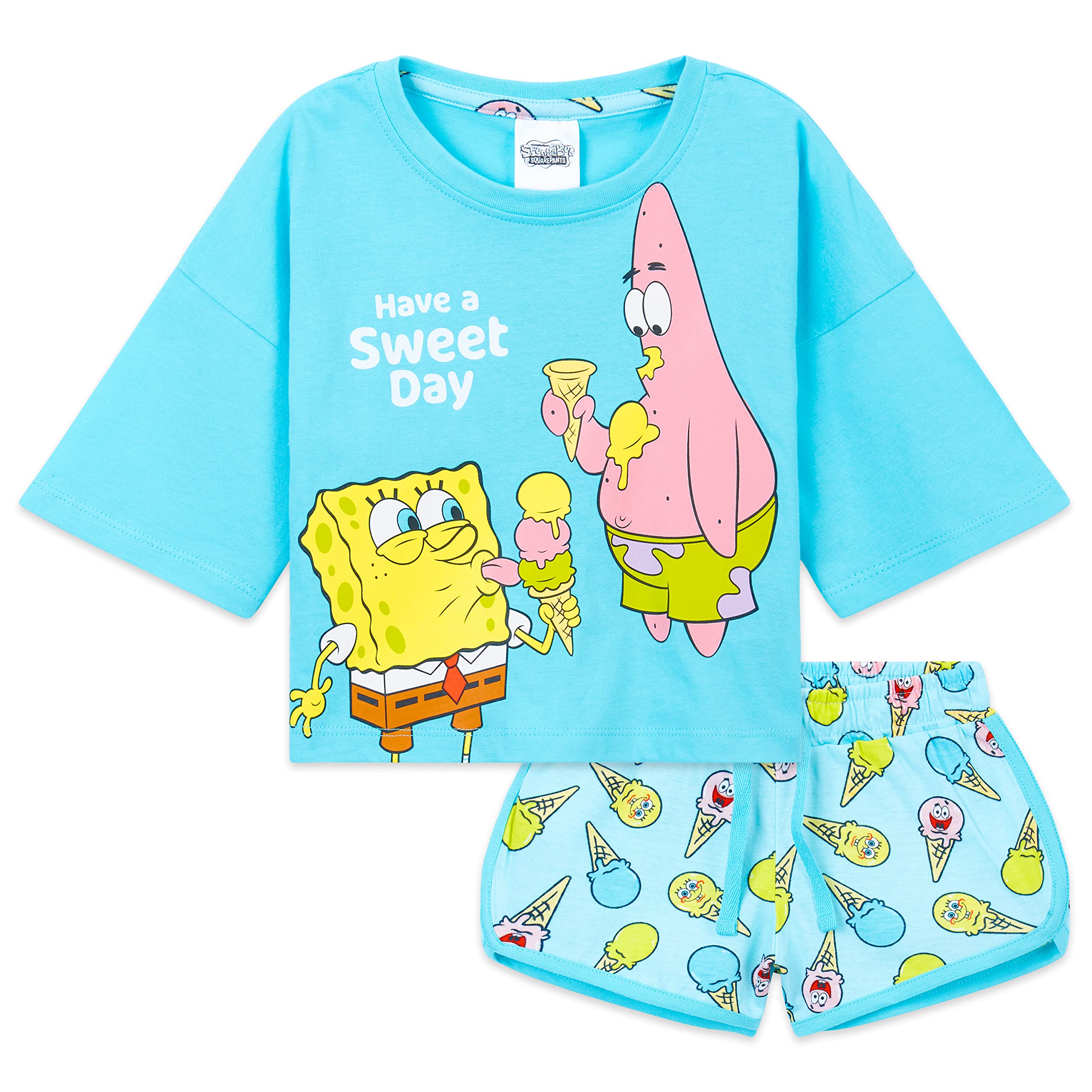 SpongeBob Squarepants Pijama Niña Bob Esponja Pijama de Manga Corta Niña Conjunto 2 Piezas Camiseta Crop Top y Pantalon Corto Pijama Corto Niña Ropa Verano Algodón