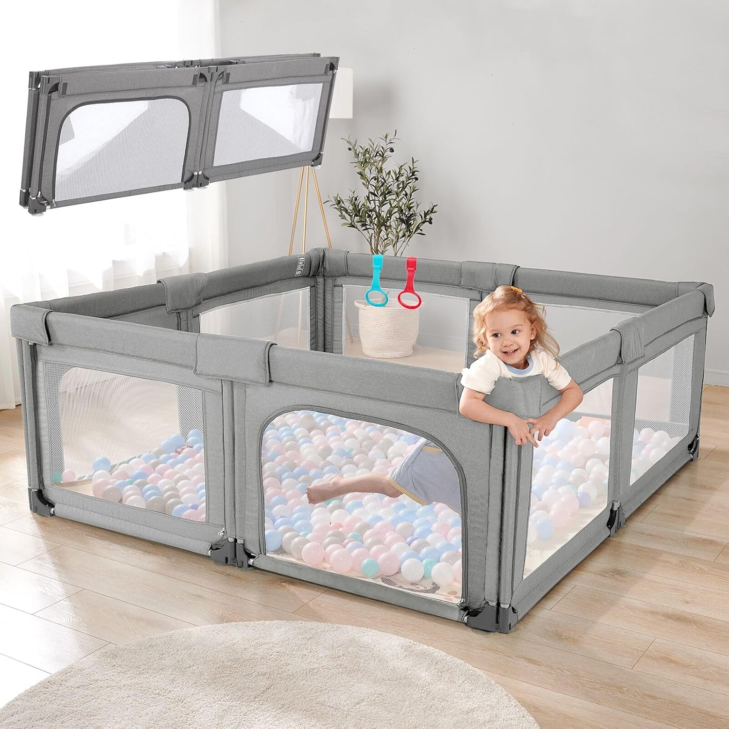 Cholena 79"x59" Foldable Baby Playpen with Bottom – Play Yard for Contained Play Space, Indoor Safety Fence with Zipper Door(Cationic Light Grey) 59*79in Cationic Light Grey