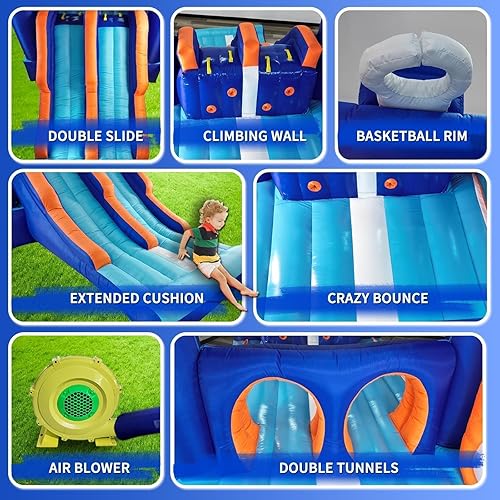Miniatura 6 de Casa inflable para carrera de obstáculos para niños, 2 toboganes de carreras, área de salto, túnel y paredes de escalada con soplador para