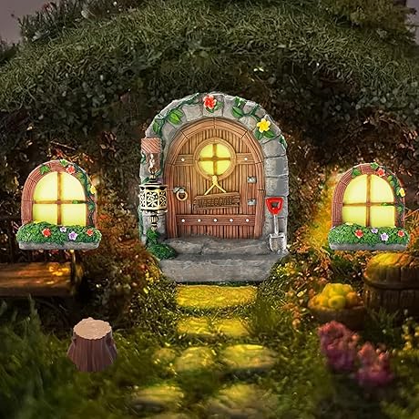 Enchanted Fairy Doorway Set with Luminous Windows and Stump