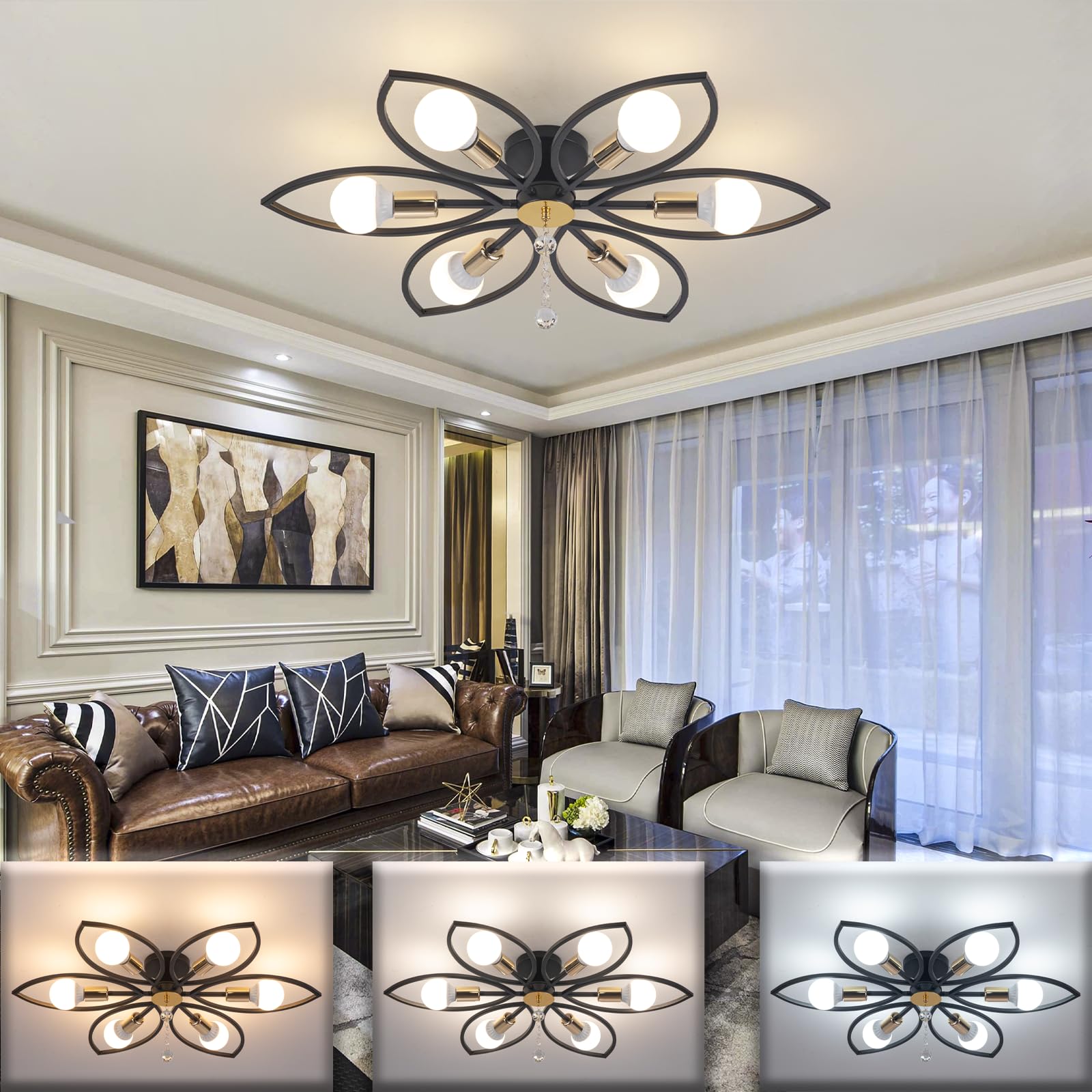 Caunmar Lampadario Soggiorno Moderno, Lampadari Camera Da Letto 6 Luci Plafoniera E27 Soffitto Vintage In Metallo, Per Cucine, Ristoranti E Loft Nero/Oro-88cm (Leuchtmittel Nicht Enthalten)