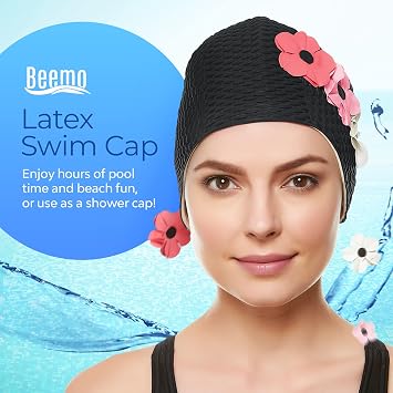 Beemo Womens Latex Swim Cap with Triple Flowers - Retro Bathing Cap for Long & Short Hair, Stretchy Waterproof Swim Hat for Pool, Beach & Shower Use
