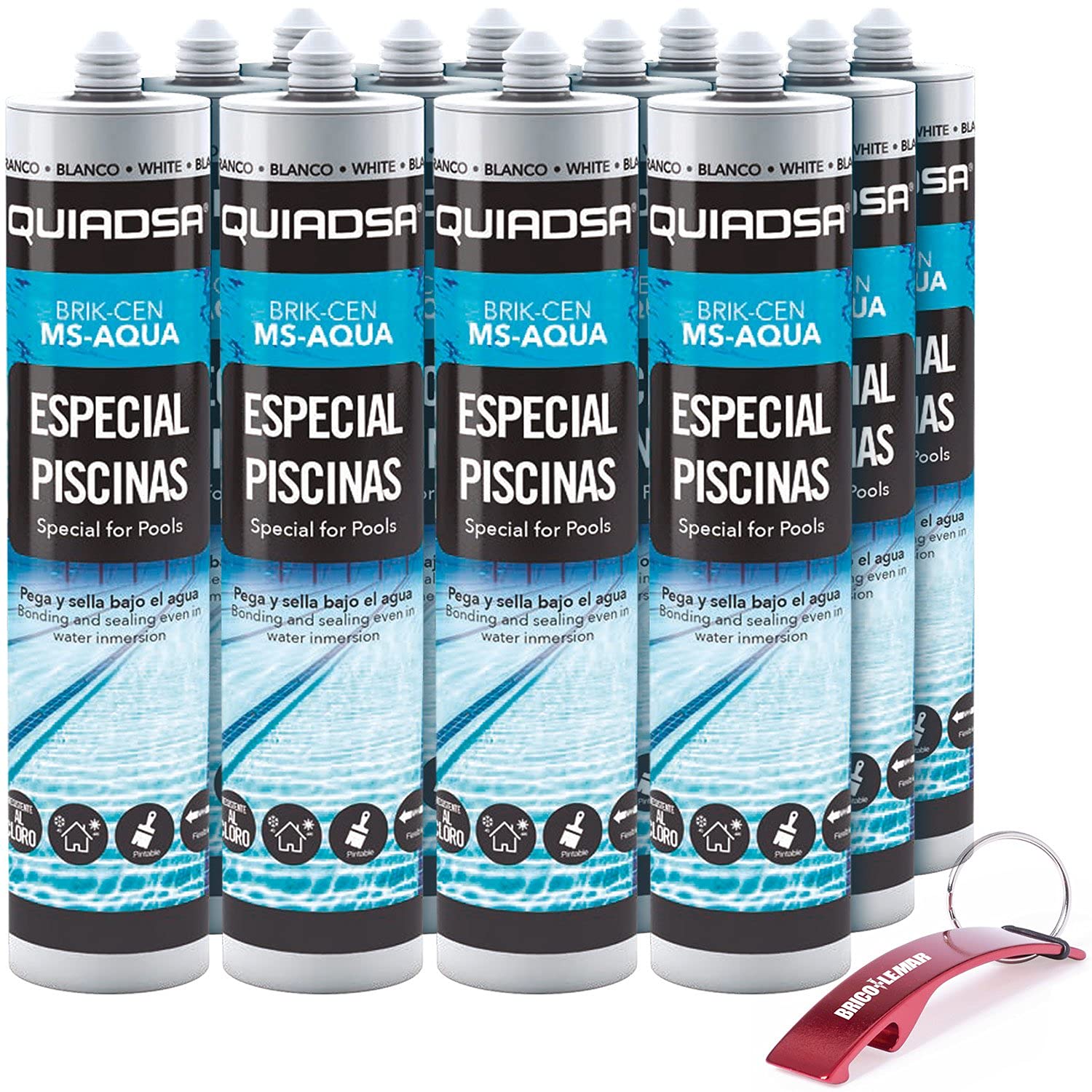 Kit 12 Cartuchos Sellador Adhesivo MS Especial Piscina BRIK-CEN MS-AQUA de 290ml blanco + Llavero/Abrebotellas de Regalo (12 Cartuchos 290ml, Blanco)