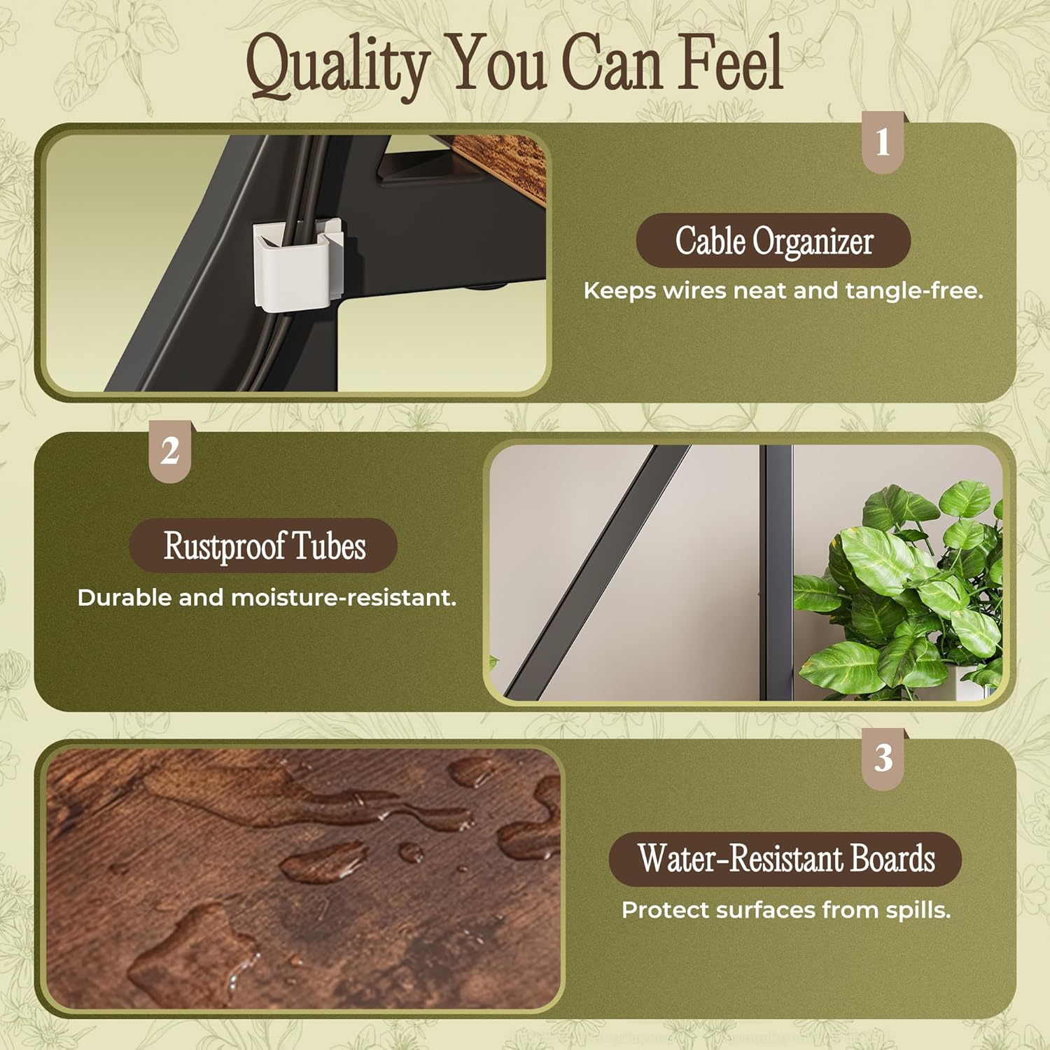 Close-up images highlighting the cable organizer, rustproof tubes, and water-resistant boards of the PRAISUN plant stand.