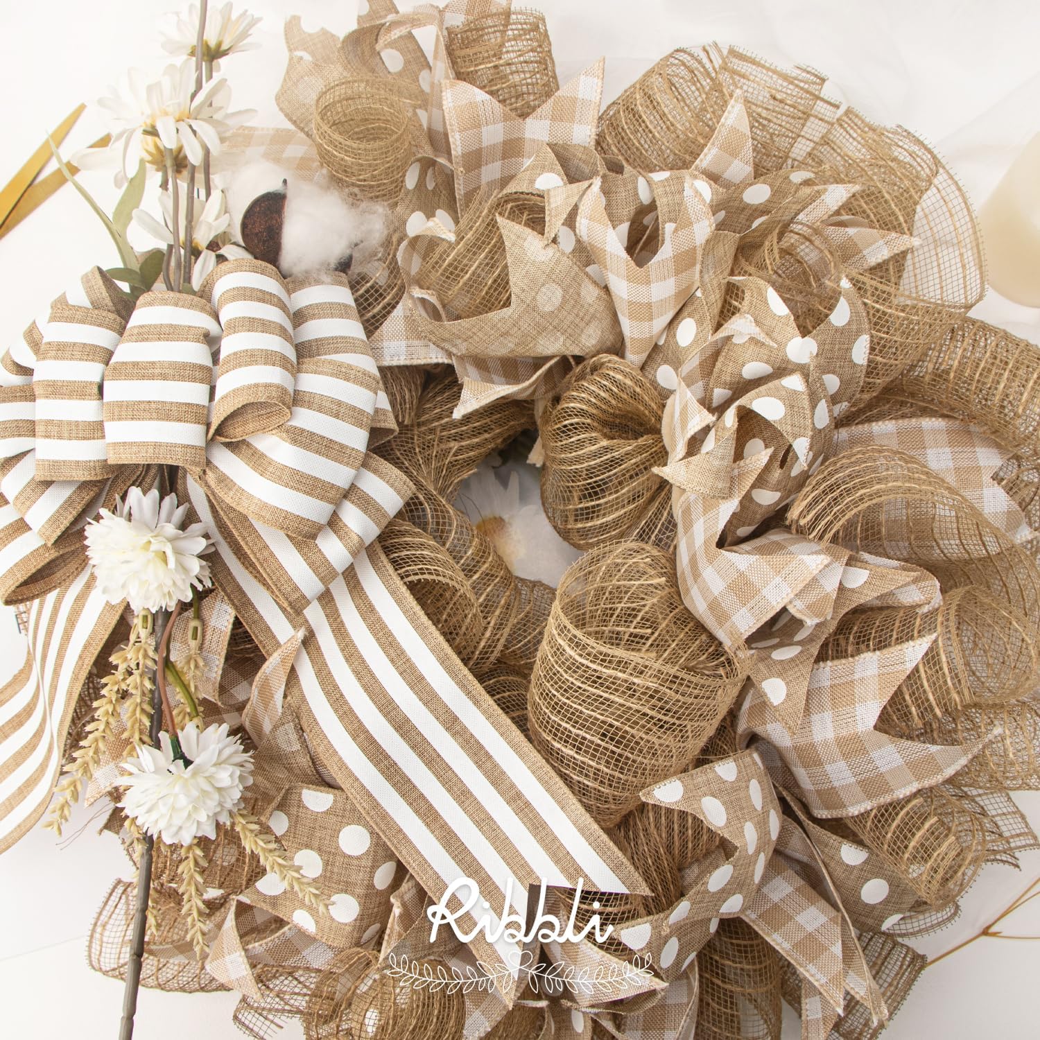 Ribbli 2 Rolls Burlap Mesh Ribbon,10 inch x 30 feet(10Yard) Each Roll,Natural with Jute,Use for Wreath Swags and Decorating