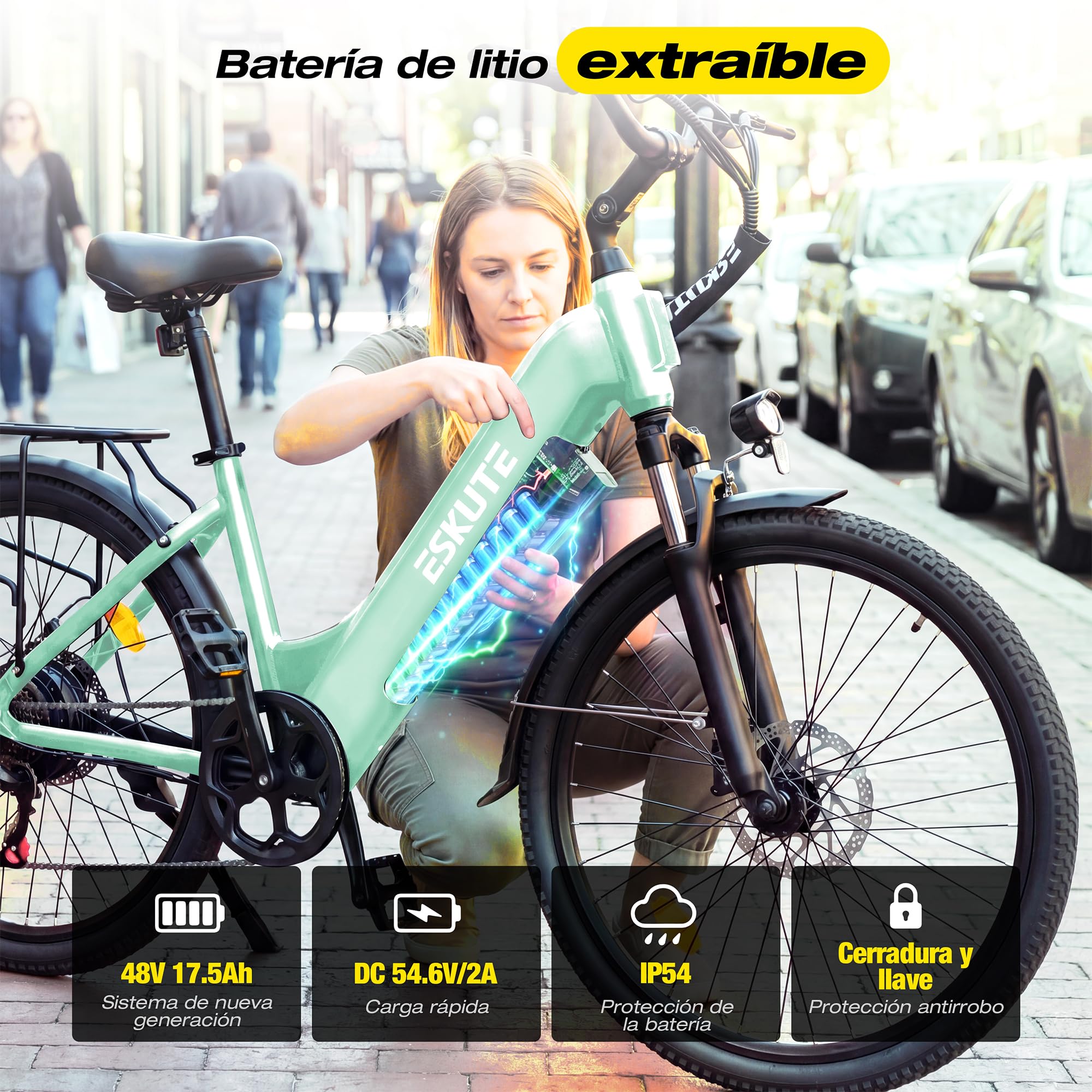 ESKUTE C202 - Bicicleta eléctrica de 48 V y 17,5 Ah, para adultos de 26 pulgadas, batería extraíble, bicicleta eléctrica de ciudad para viajeros, cambio de 7 velocidades, 25 km/h, autonomía hasta 110