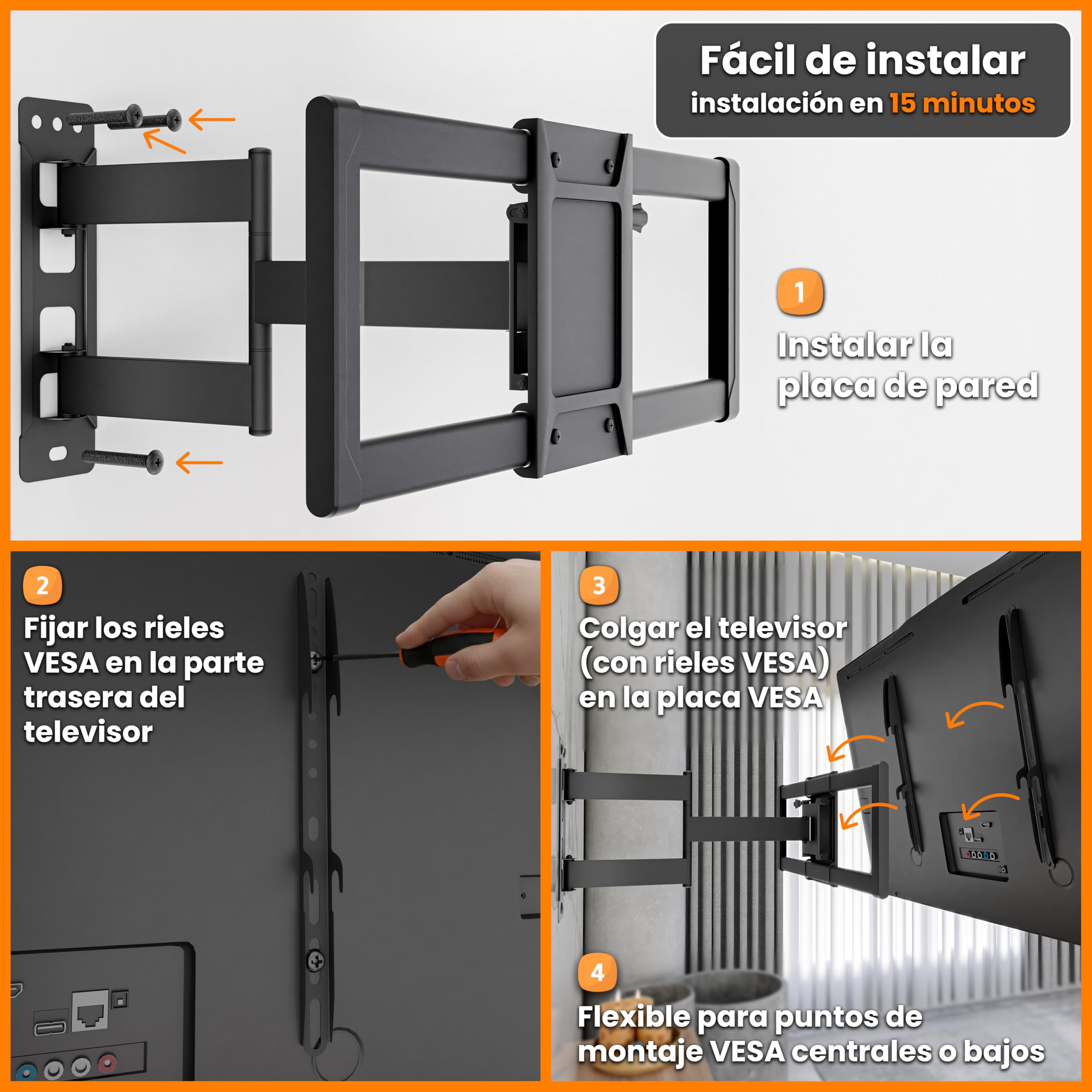 EasyLife ProMount HD75 Compact Soporte de Pared para TV Televisores de 32 a 75 Pulgadas Hasta 50KG, VESA 600x400mm – Diseño de un Solo Brazo, Giratorio e Inclinable para LED, LCD con Gestión de Cables